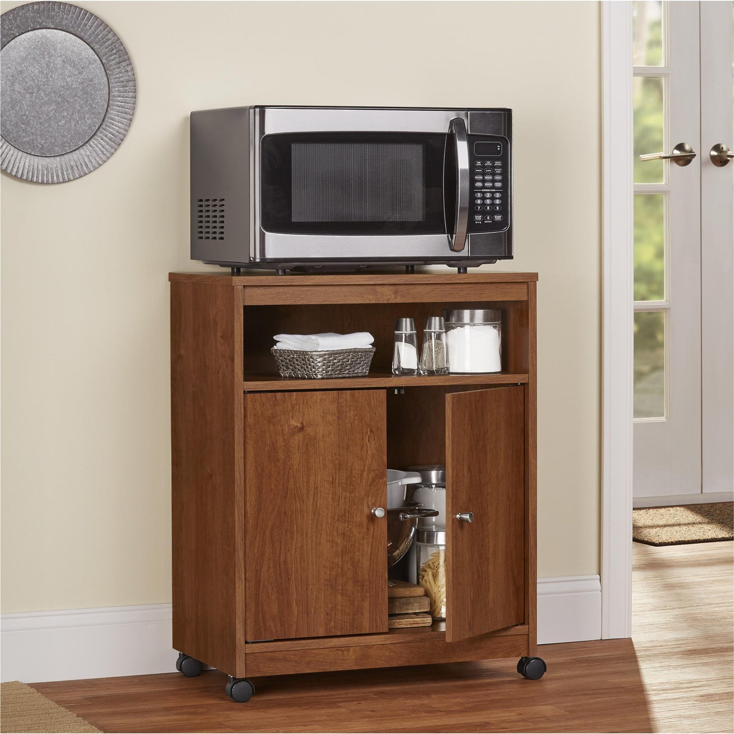 Landry 2 Door Utility Microwave Cart with Shelves - Bank Alder