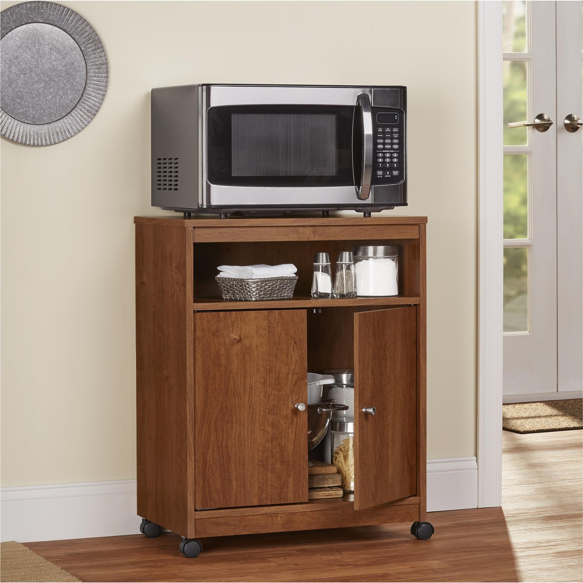 Landry 2 Door Utility Microwave Cart with Shelves - Bank Alder