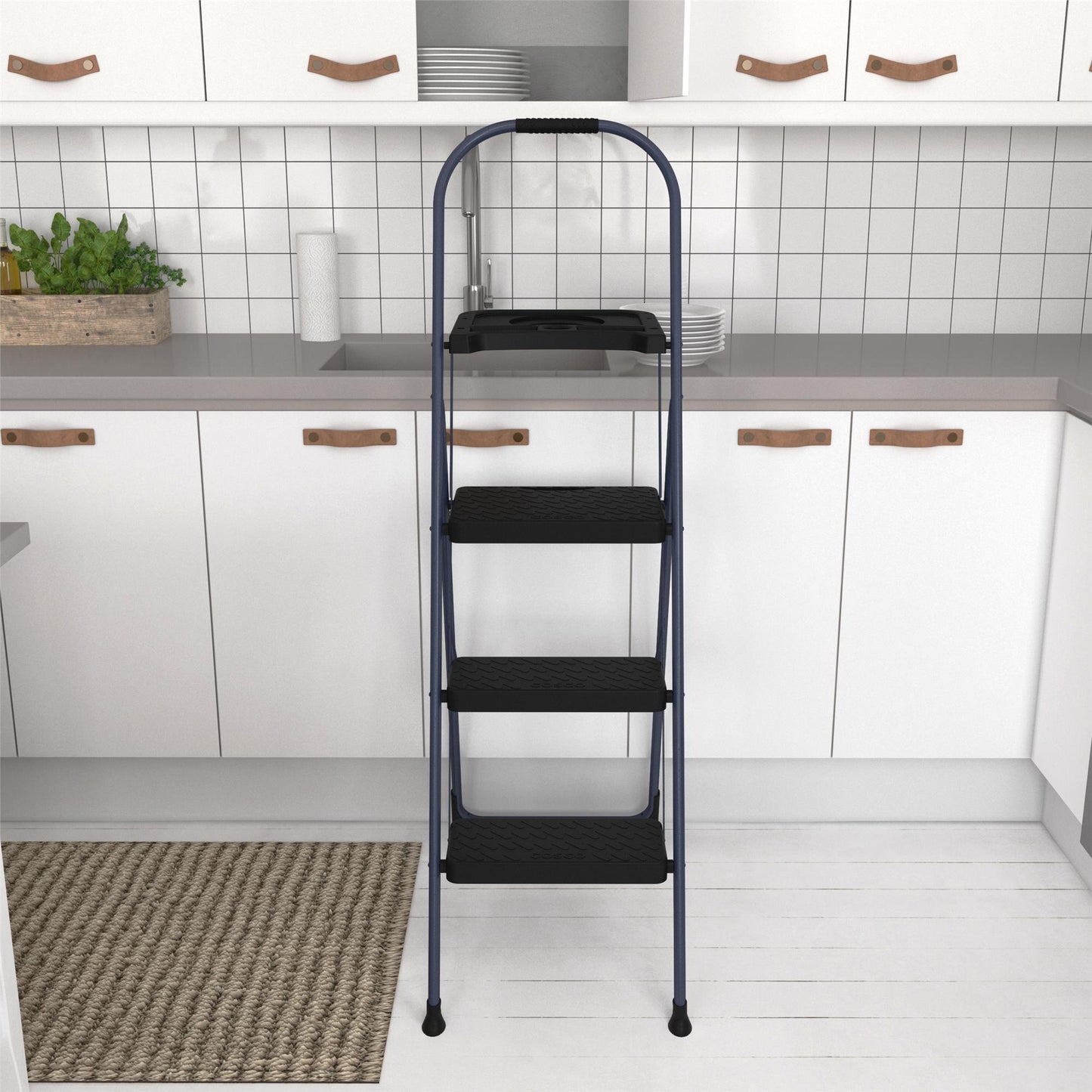 Multi-Step Folding Step Stool with 225 lb Weight Capacity - Navy - 3 Step with Tray