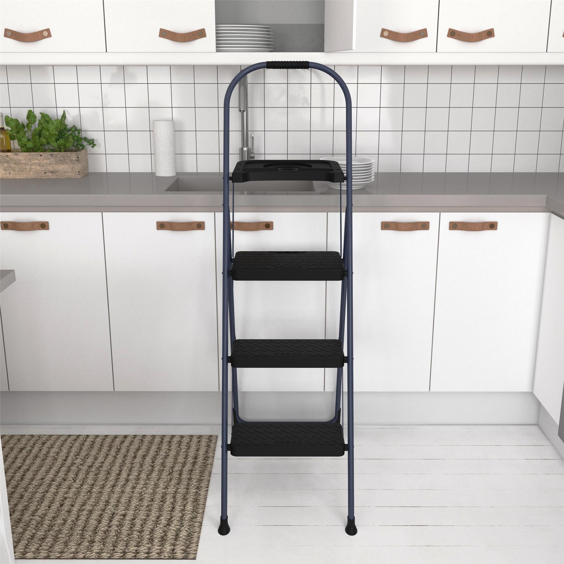 Multi-Step Folding Step Stool with 225 lb Weight Capacity - Navy - 3 Step with Tray