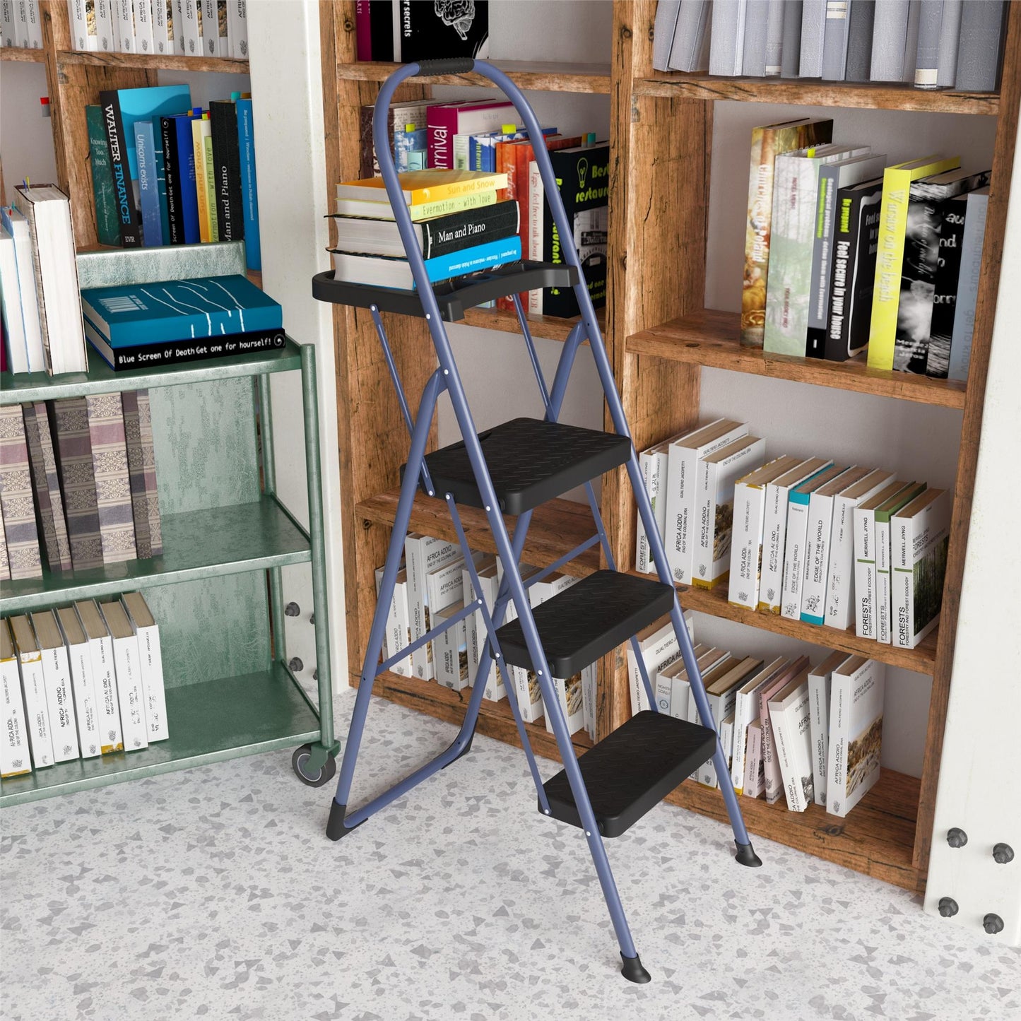 Multi-Step Folding Step Stool with 225 lb Weight Capacity - Navy - 3 Step with Tray