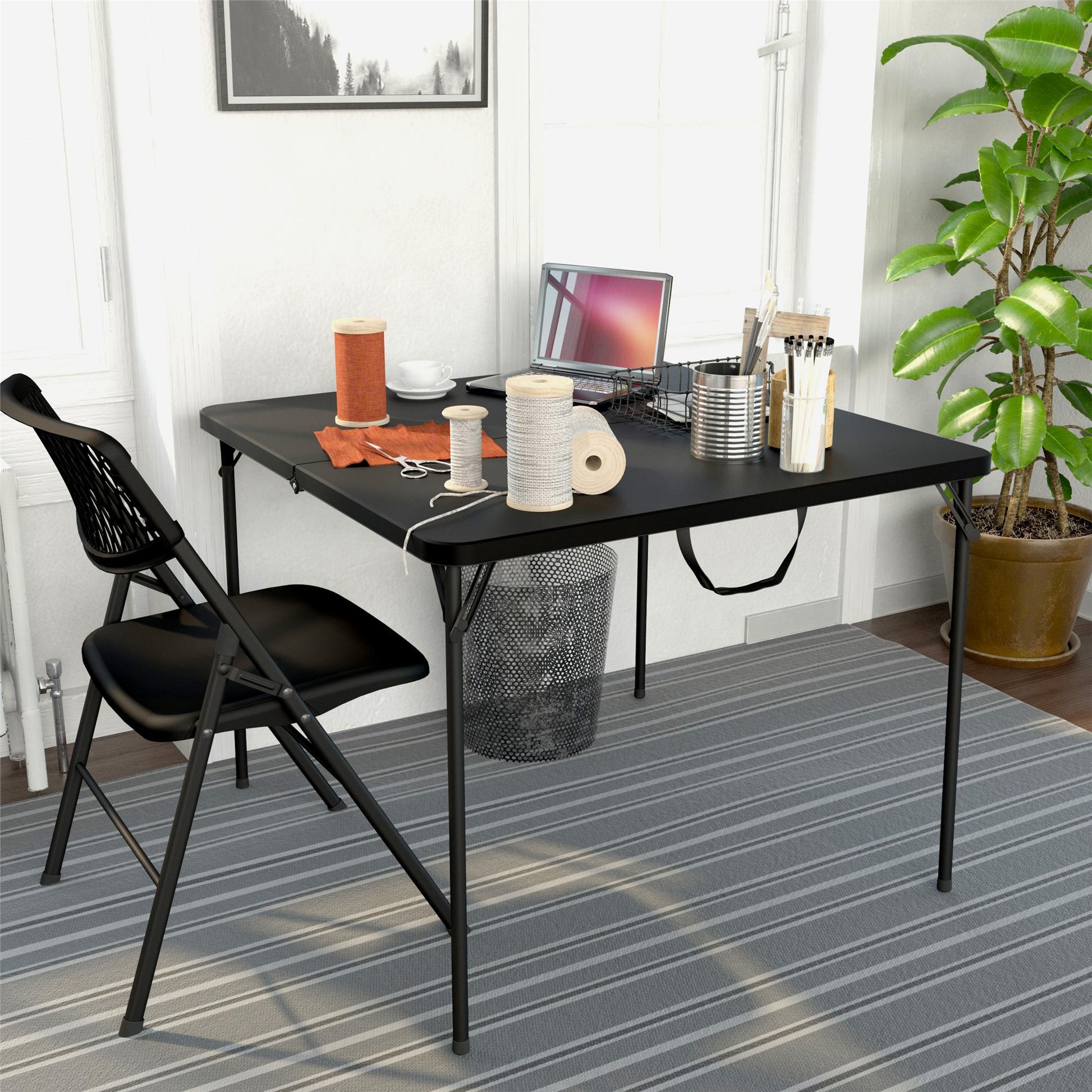 38.5 Inch Indoor and Outdoor Fold-in-Half Card Table with Handle - Black - 1-Pack