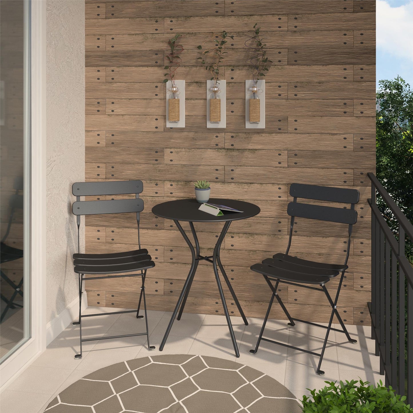 Outdoor Dining Set 3 Piece Bistro Set with 2 Folding Chairs and Round Table - Black