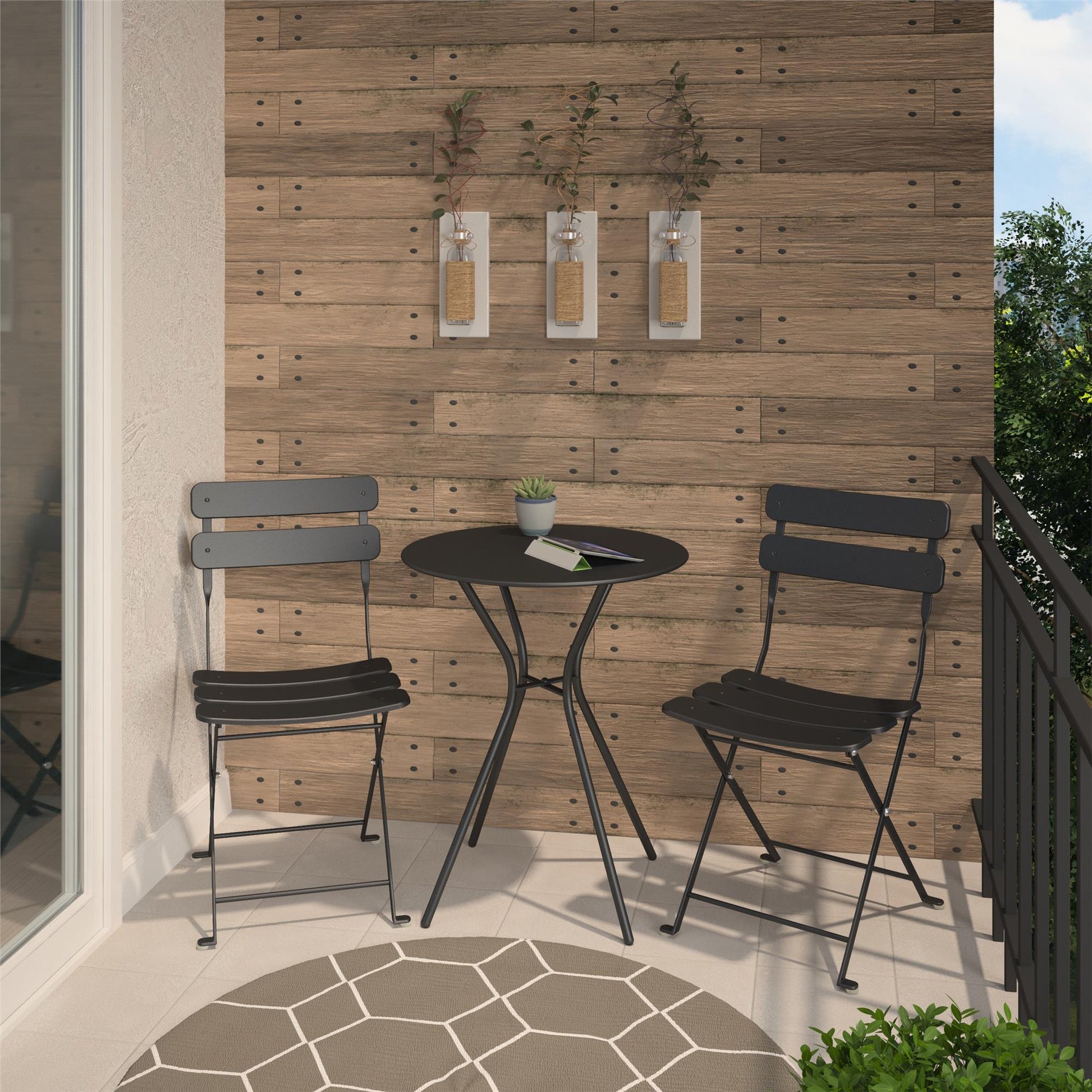 Outdoor Dining Set 3 Piece Bistro Set with 2 Folding Chairs and Round Table - Black
