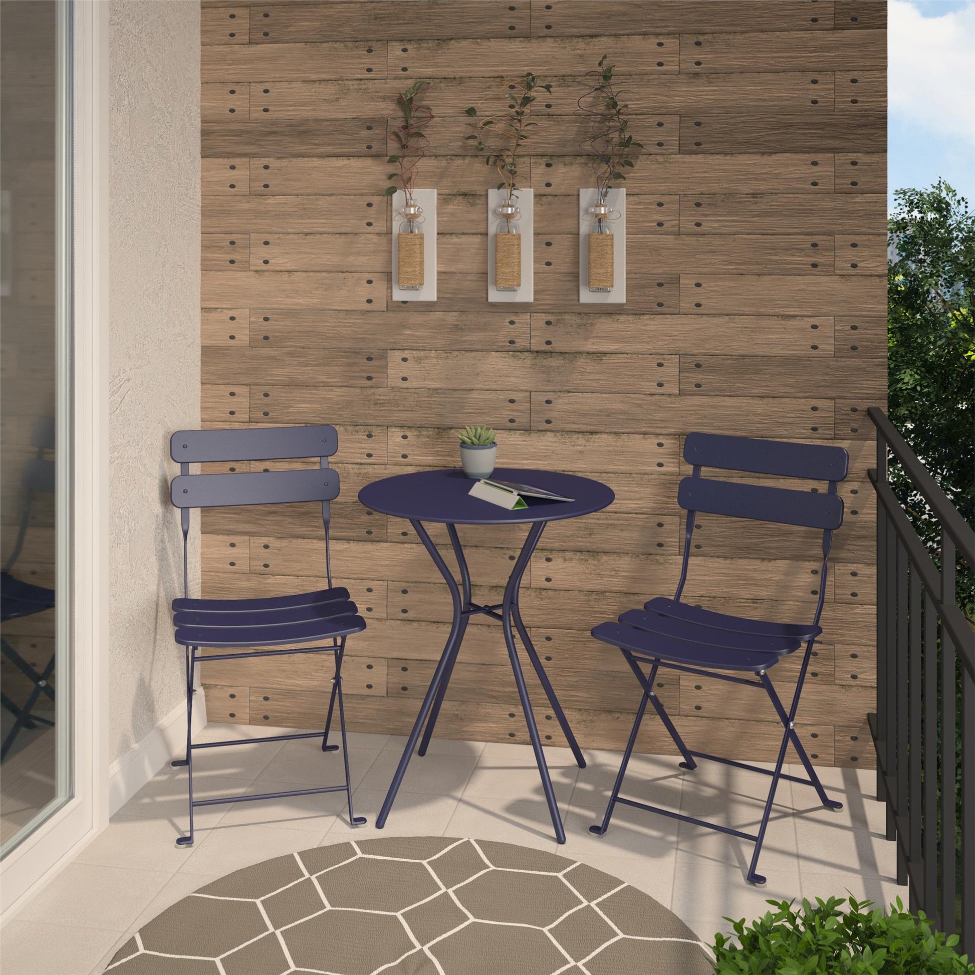 Outdoor Dining Set 3 Piece Bistro Set with 2 Folding Chairs and Round Table - Navy
