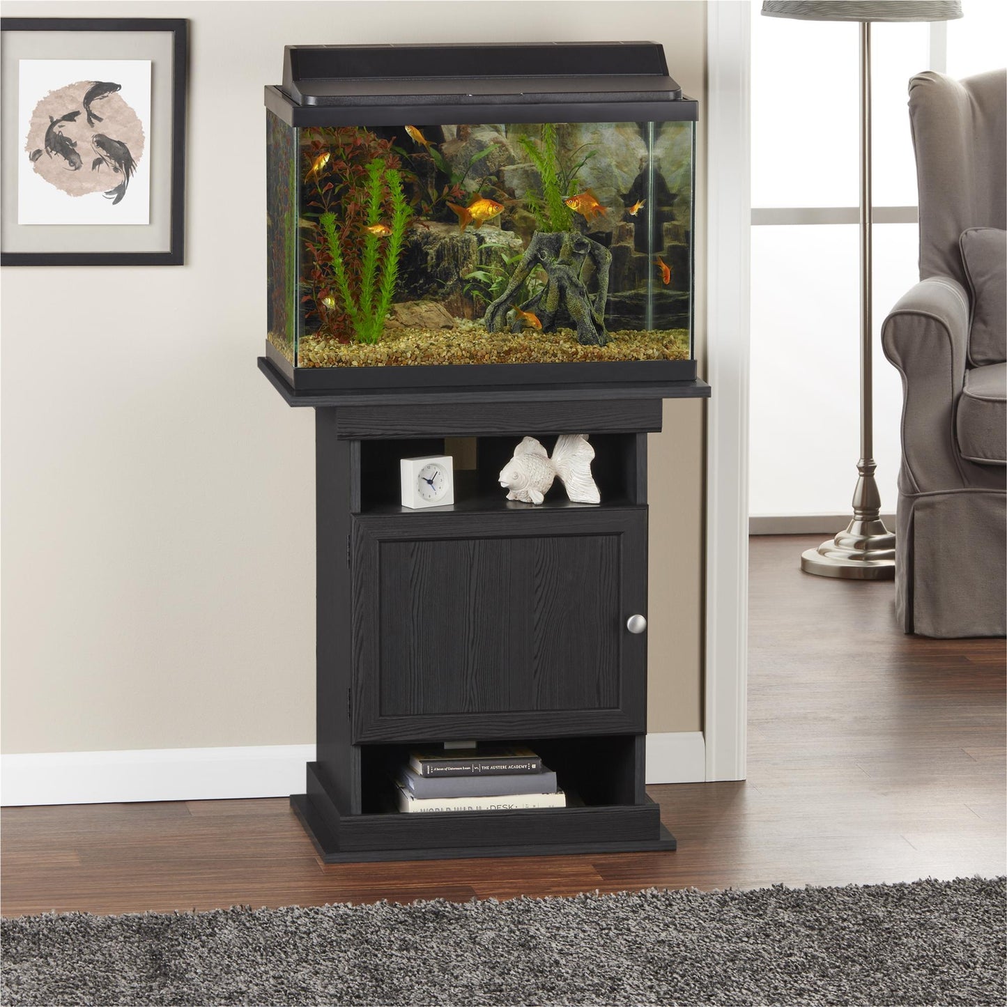 10/20 Gallon Aquarium Stand with Open and Concealed Storage - Black Oak