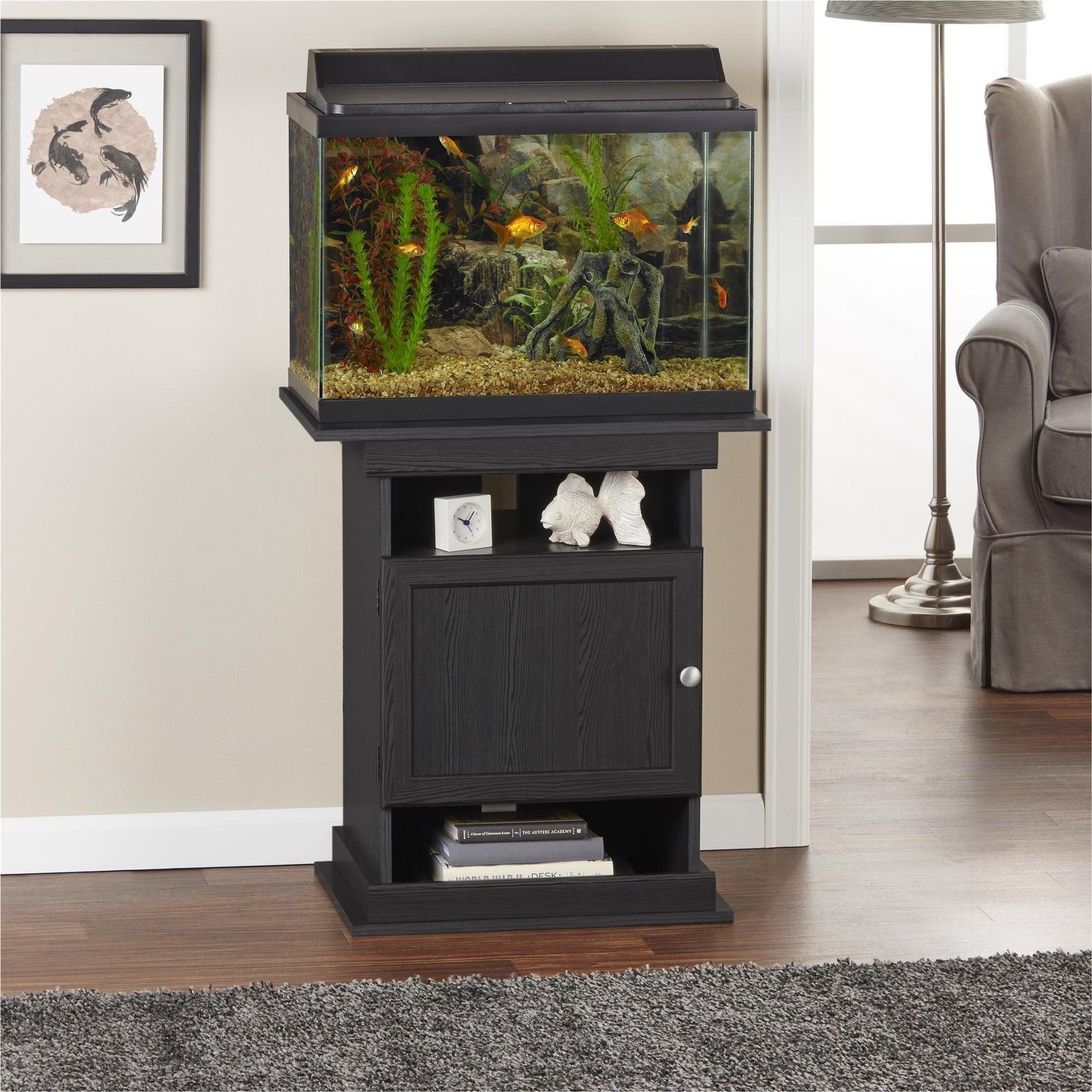 10/20 Gallon Aquarium Stand with Open and Concealed Storage - Black Oak