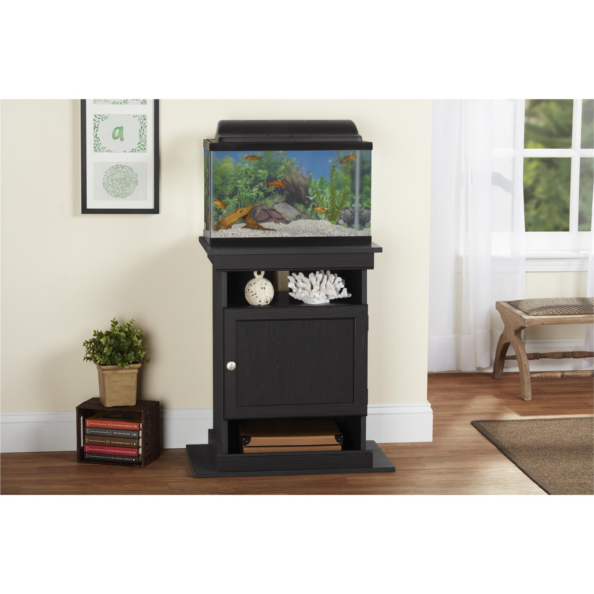 10/20 Gallon Aquarium Stand with Open and Concealed Storage - Black Oak