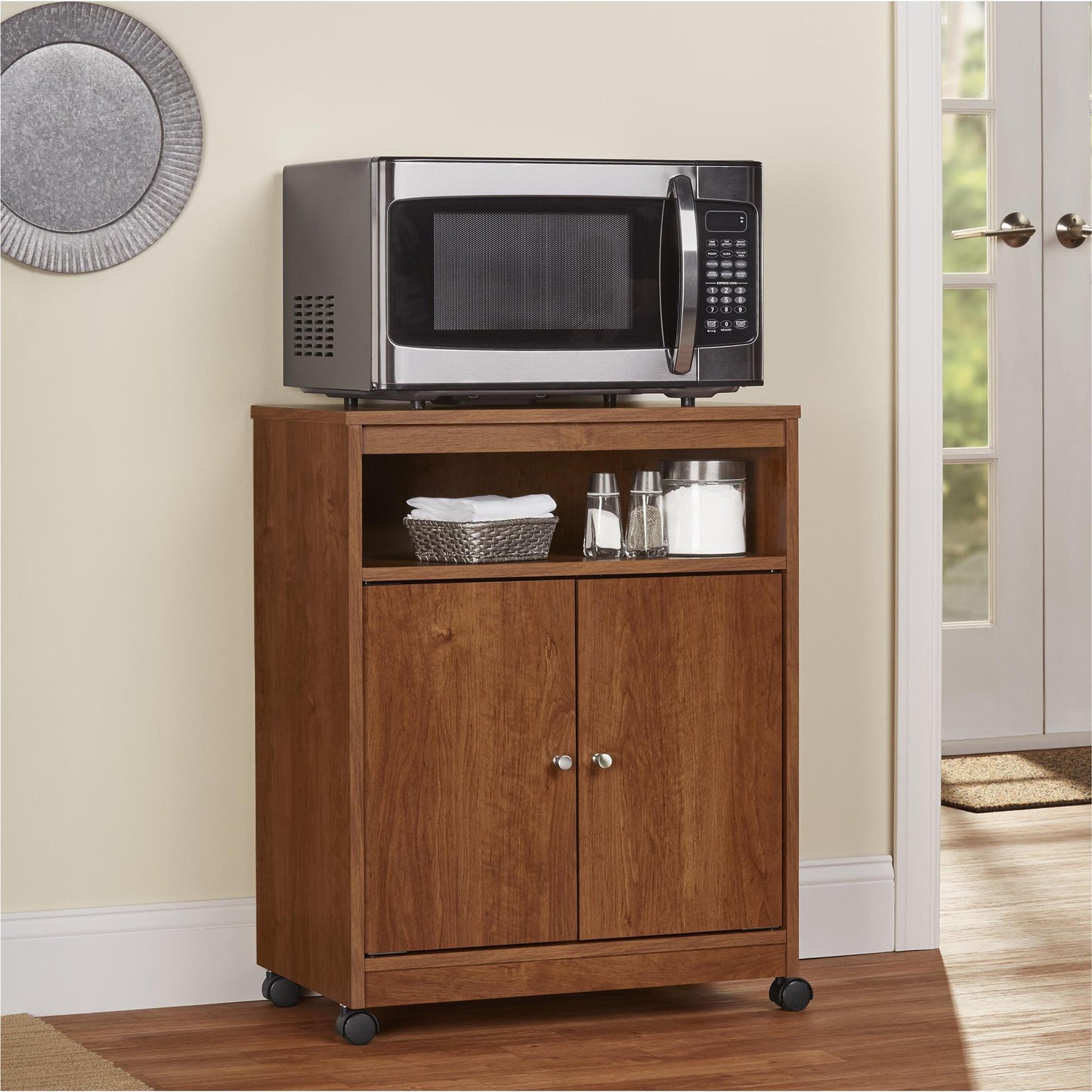 Landry 2 Door Utility Microwave Cart with Shelves - Bank Alder