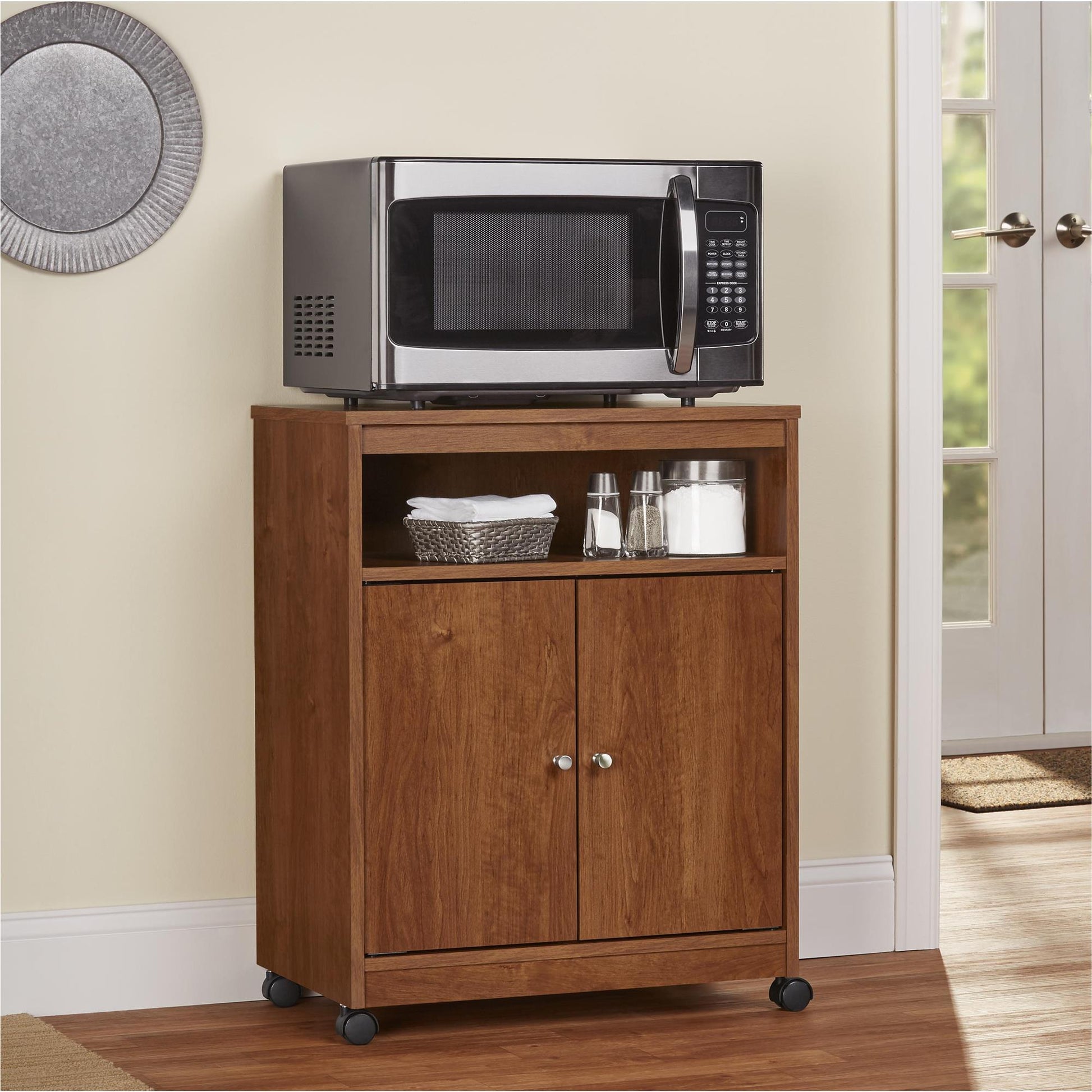 Landry 2 Door Utility Microwave Cart with Shelves - Bank Alder
