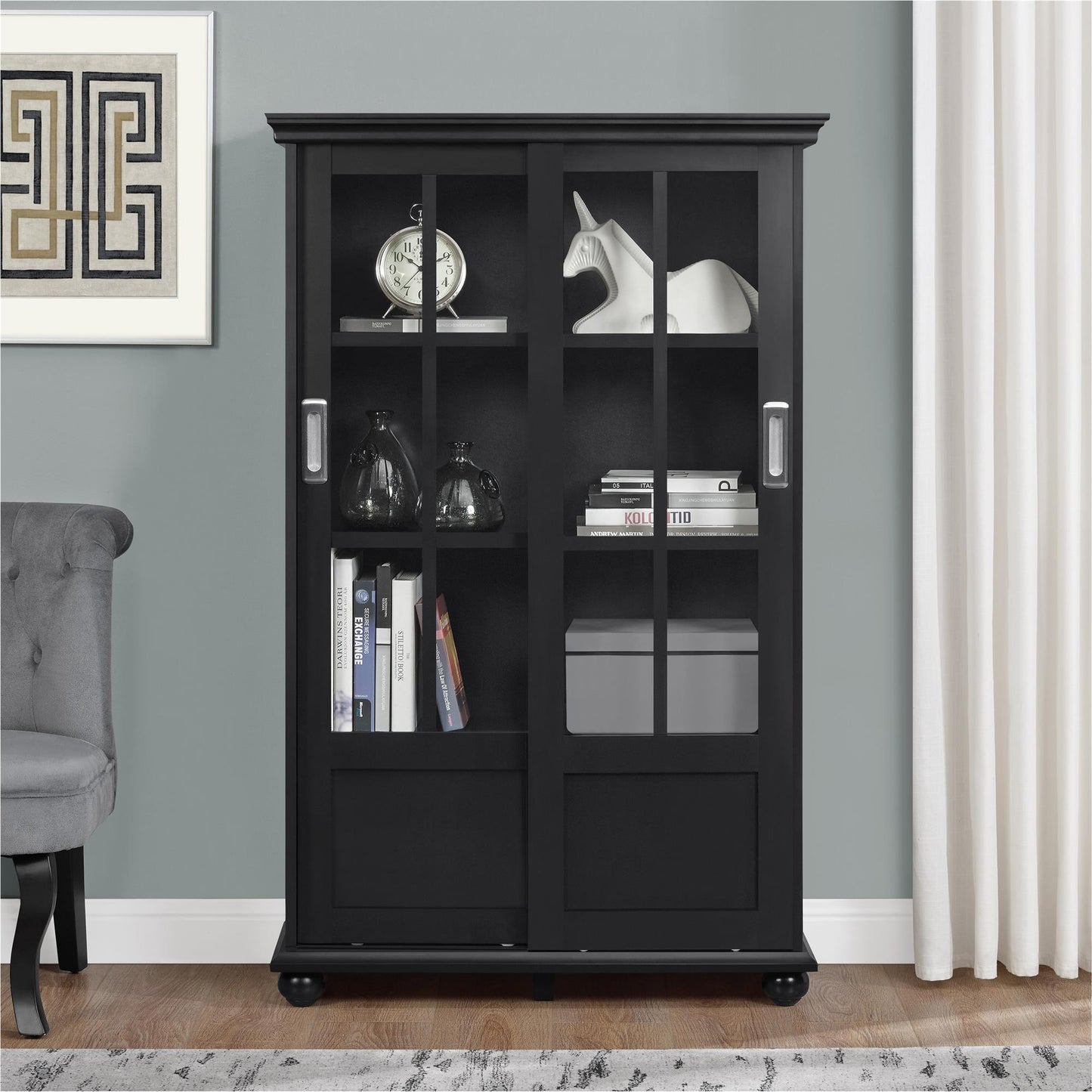 Aaron Lane Tall Bookcase with 2 Sliding Glass Doors - Black
