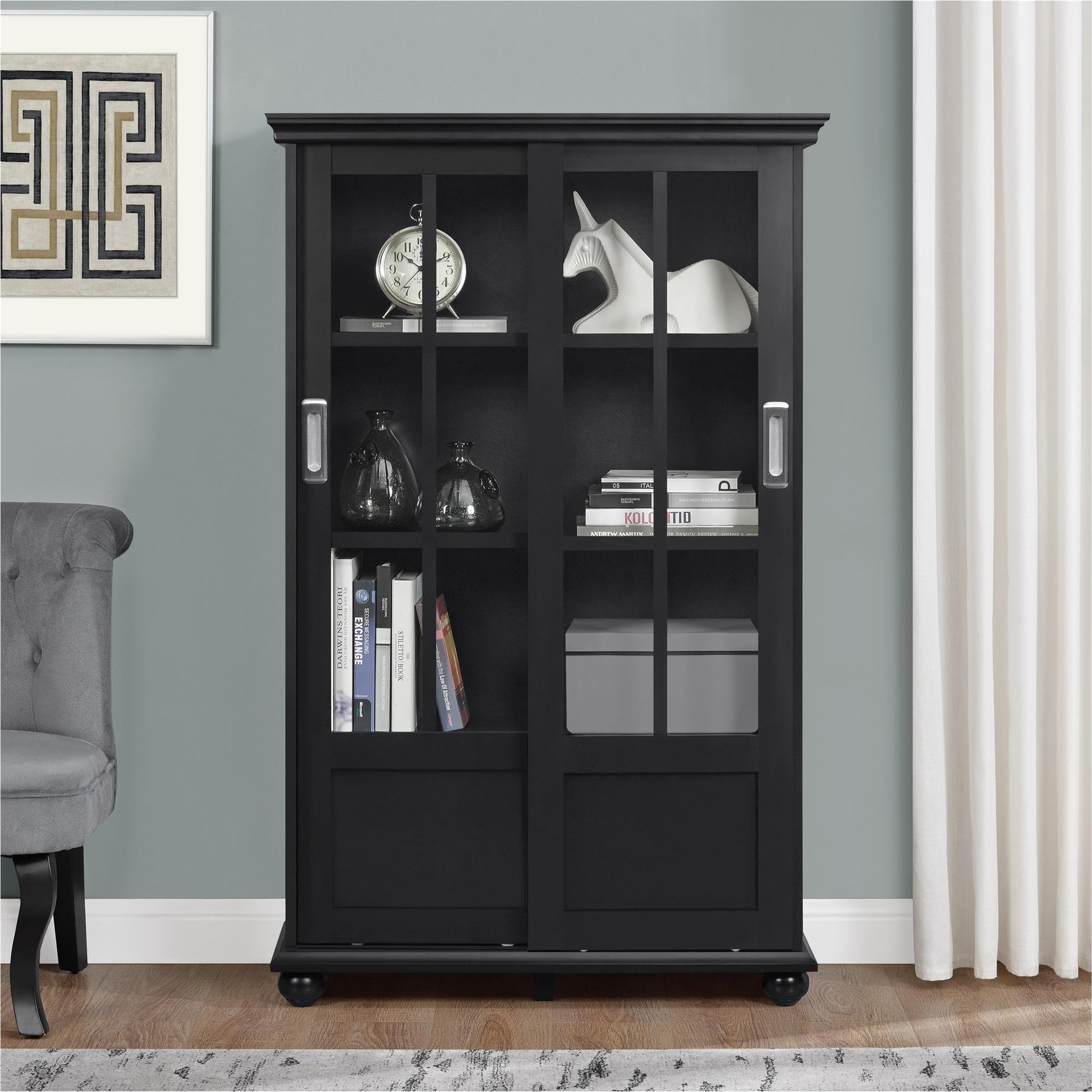 Aaron Lane Tall Bookcase with 2 Sliding Glass Doors - Black