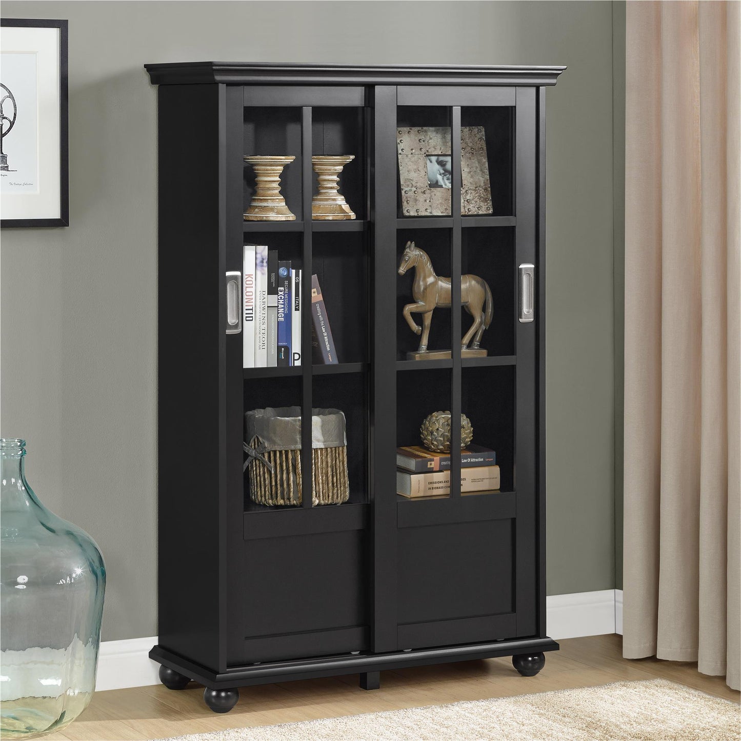 Aaron Lane Tall Bookcase with 2 Sliding Glass Doors - Black
