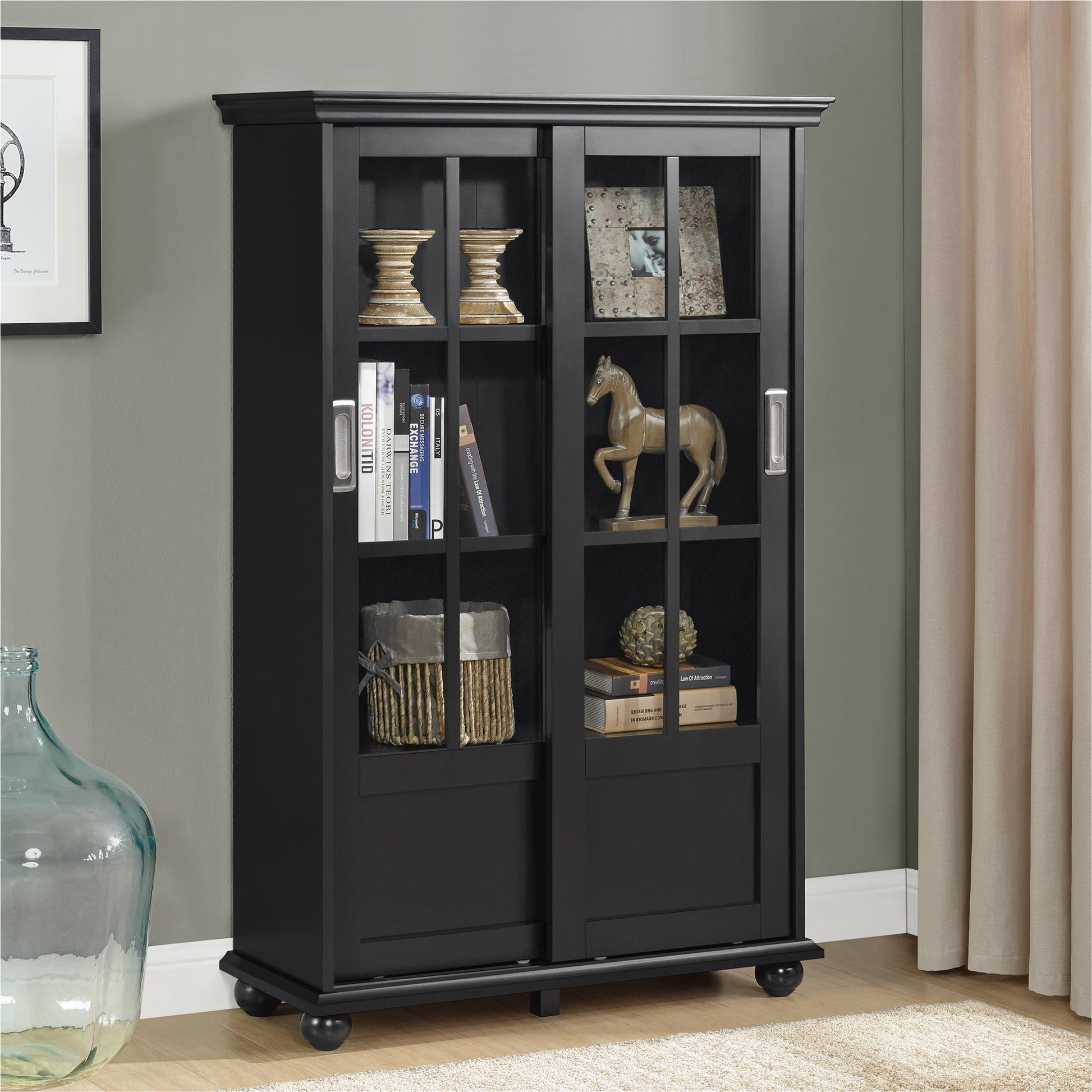 Aaron Lane Tall Bookcase with 2 Sliding Glass Doors - Black