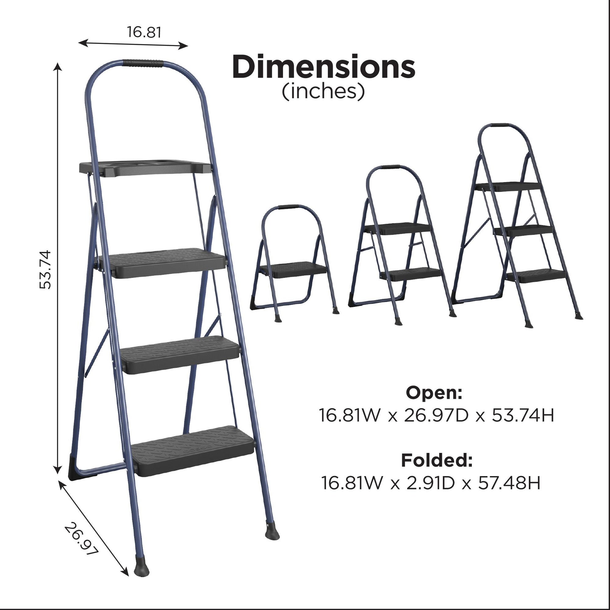 Multi-Step Folding Step Stool with 225 lb Weight Capacity - Navy - 3 Step with Tray