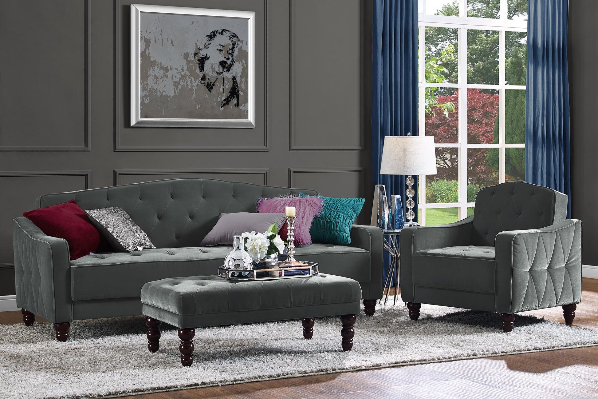 Novogratz Vintage Tufted Sofa Sleeper II, Gray Velvet - Dark Gray