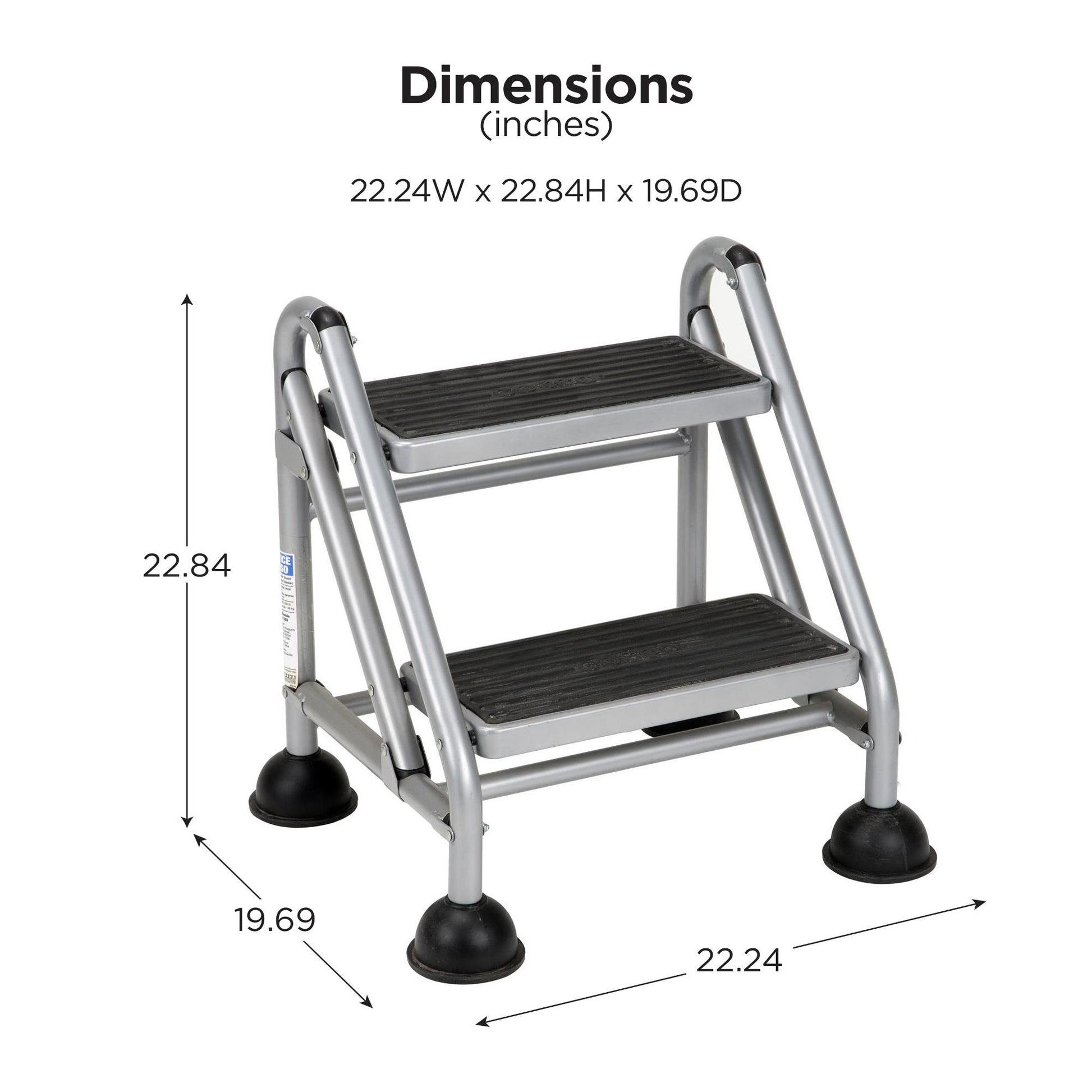 2 Step Commercial Rolling Step Ladder with Suction Cup Stabalizers - Grey/Grey/Blue