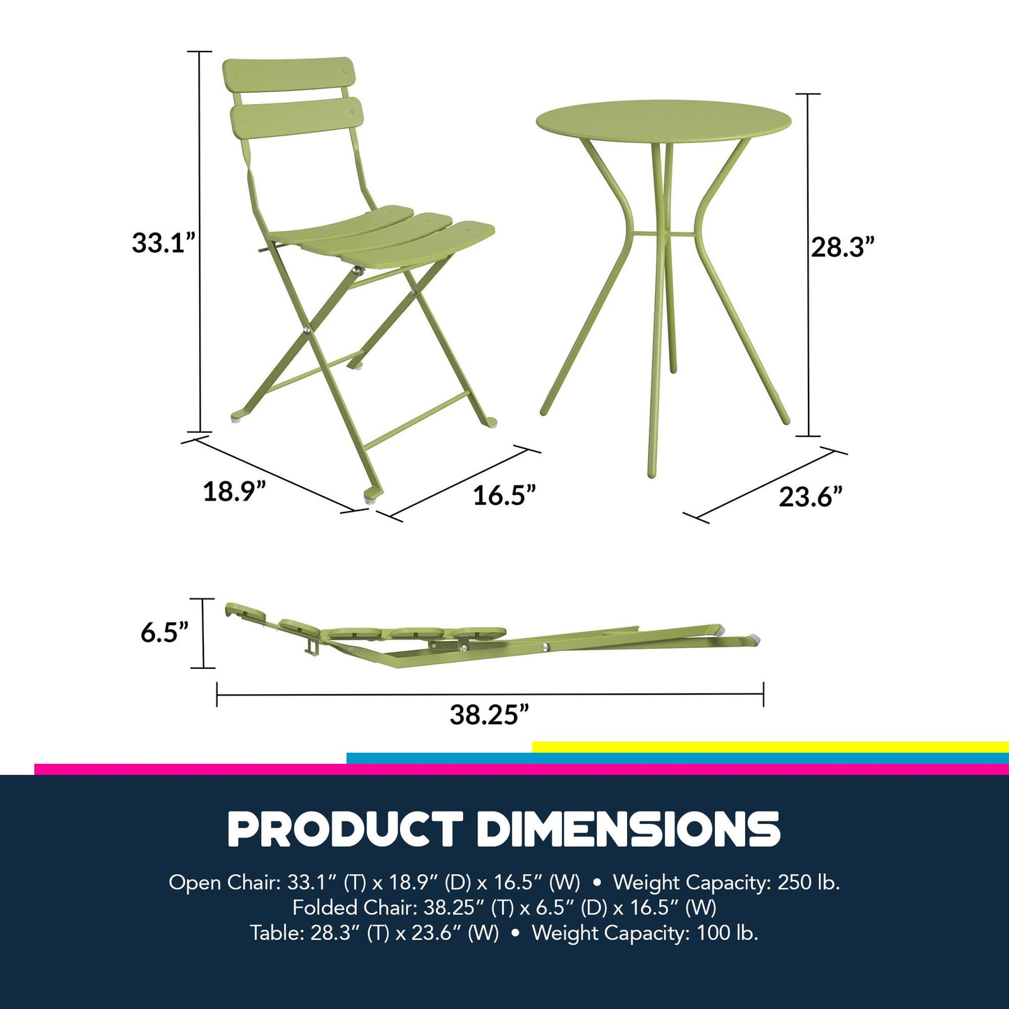 Brennan 3 Piece Bistro Set with 2 Folding Chairs - Kiwi Green