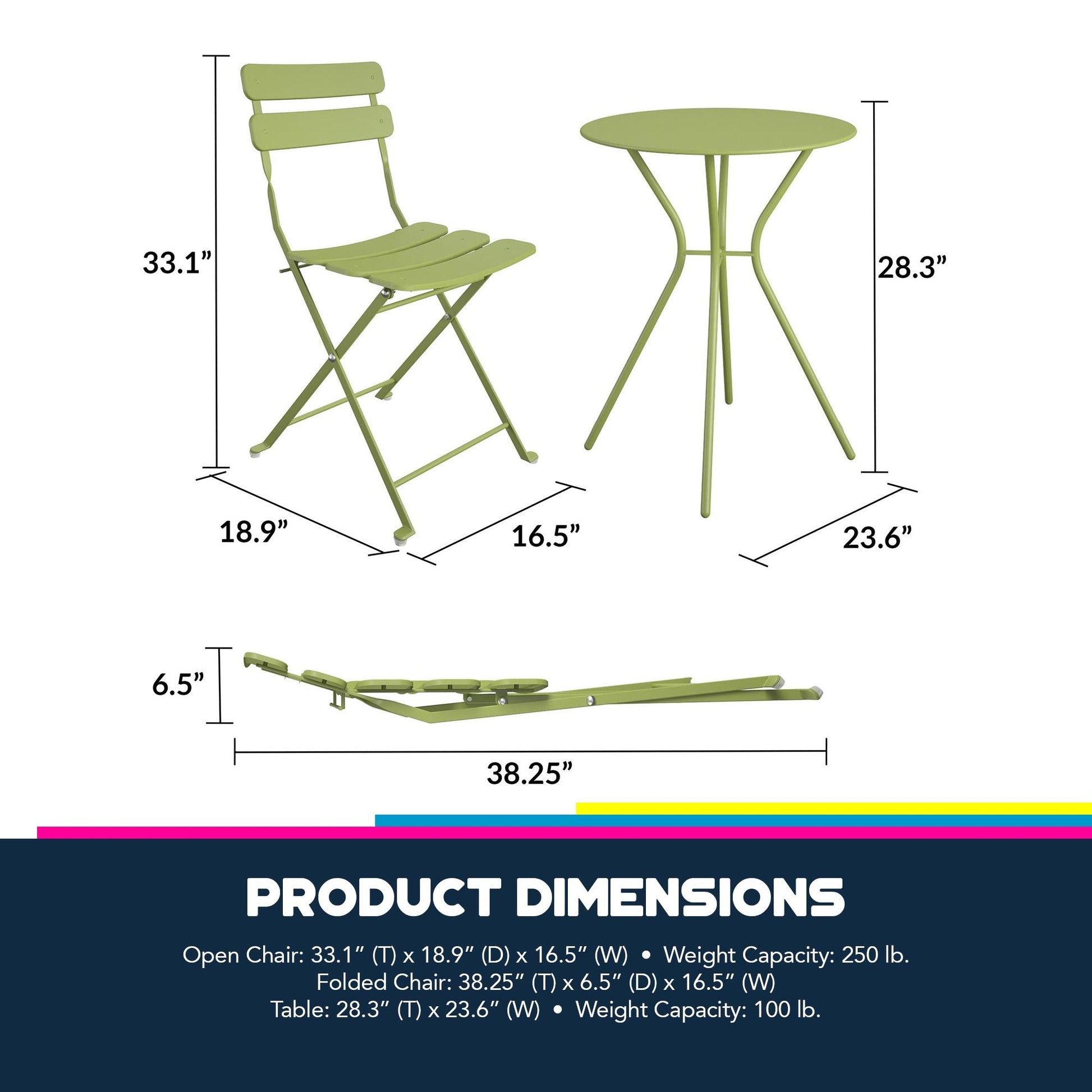 Brennan 3 Piece Bistro Set with 2 Folding Chairs - Kiwi Green