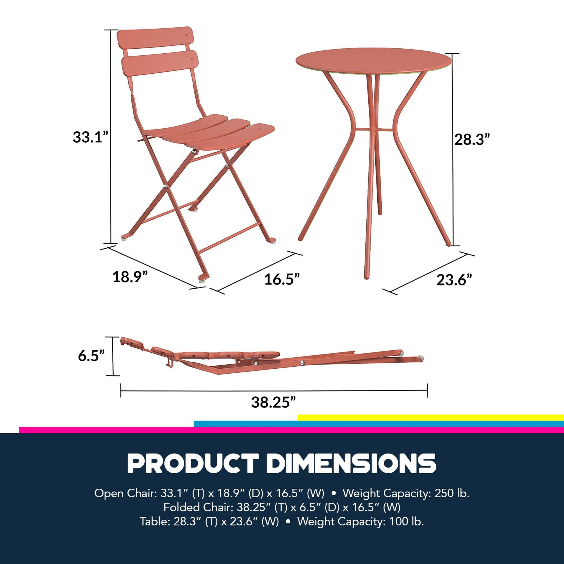 Brennan 3 Piece Bistro Set with 2 Folding Chairs - Sunbaked Orange