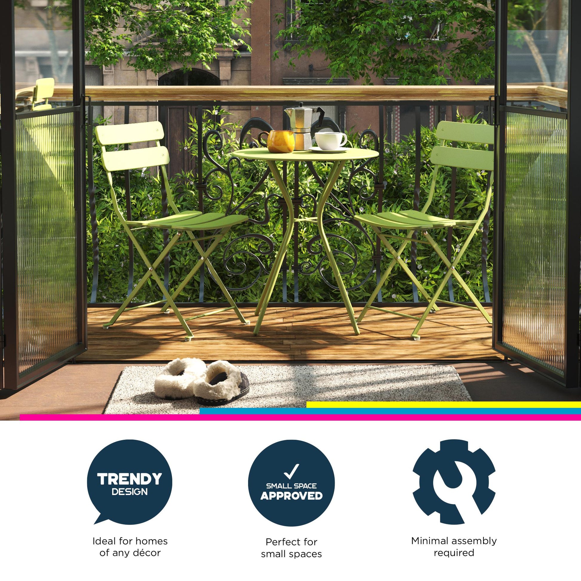 Brennan 3 Piece Bistro Set with 2 Folding Chairs - Kiwi Green
