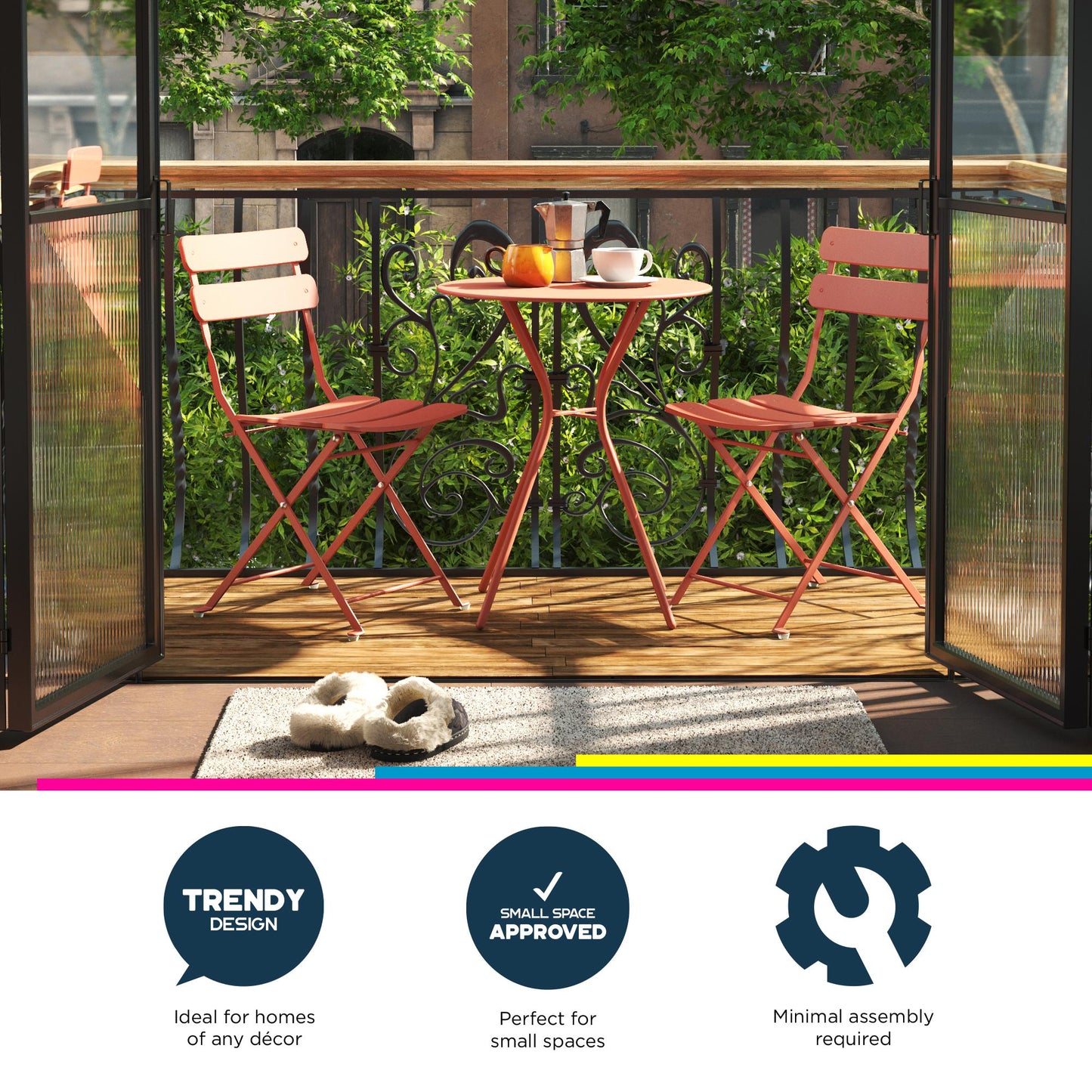 Brennan 3 Piece Bistro Set with 2 Folding Chairs - Sunbaked Orange