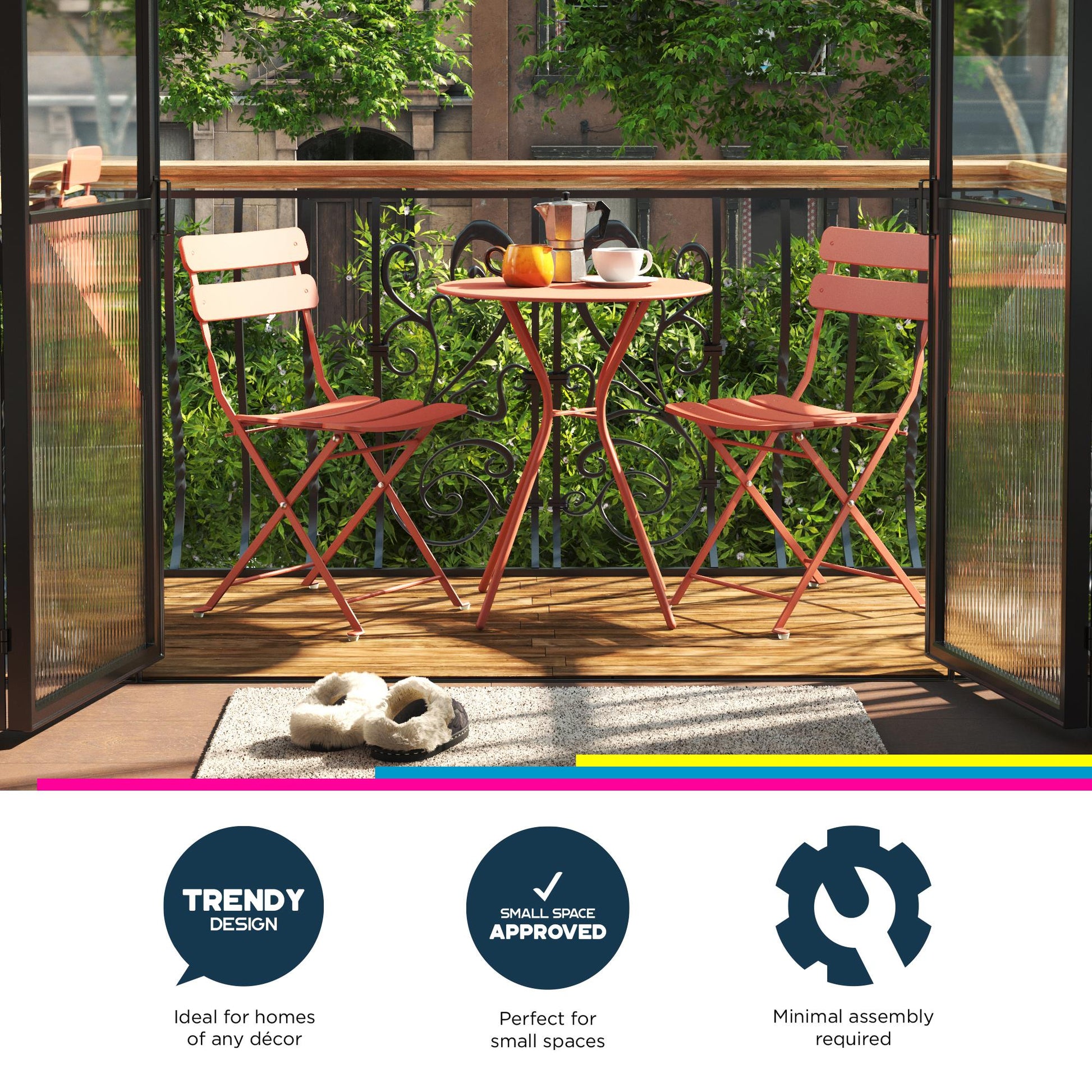Brennan 3 Piece Bistro Set with 2 Folding Chairs - Sunbaked Orange