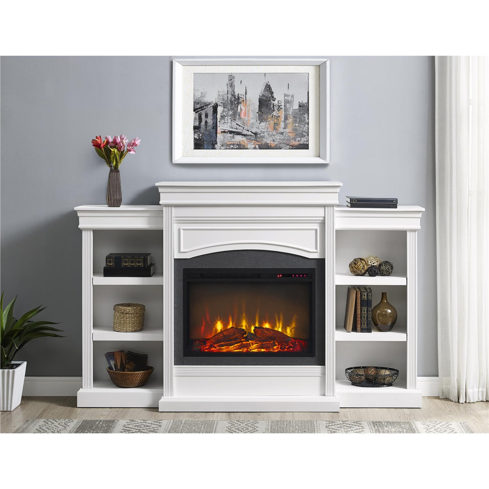 Lamont Mantel Fireplace with Side Shelves and 26 Inch Fireplace Insert - White