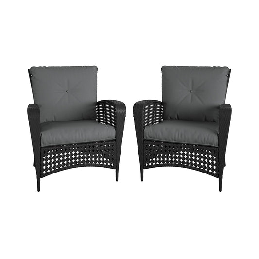 Wicker Lounge Chair with Armrests and Cushions, Set of 2 - Black