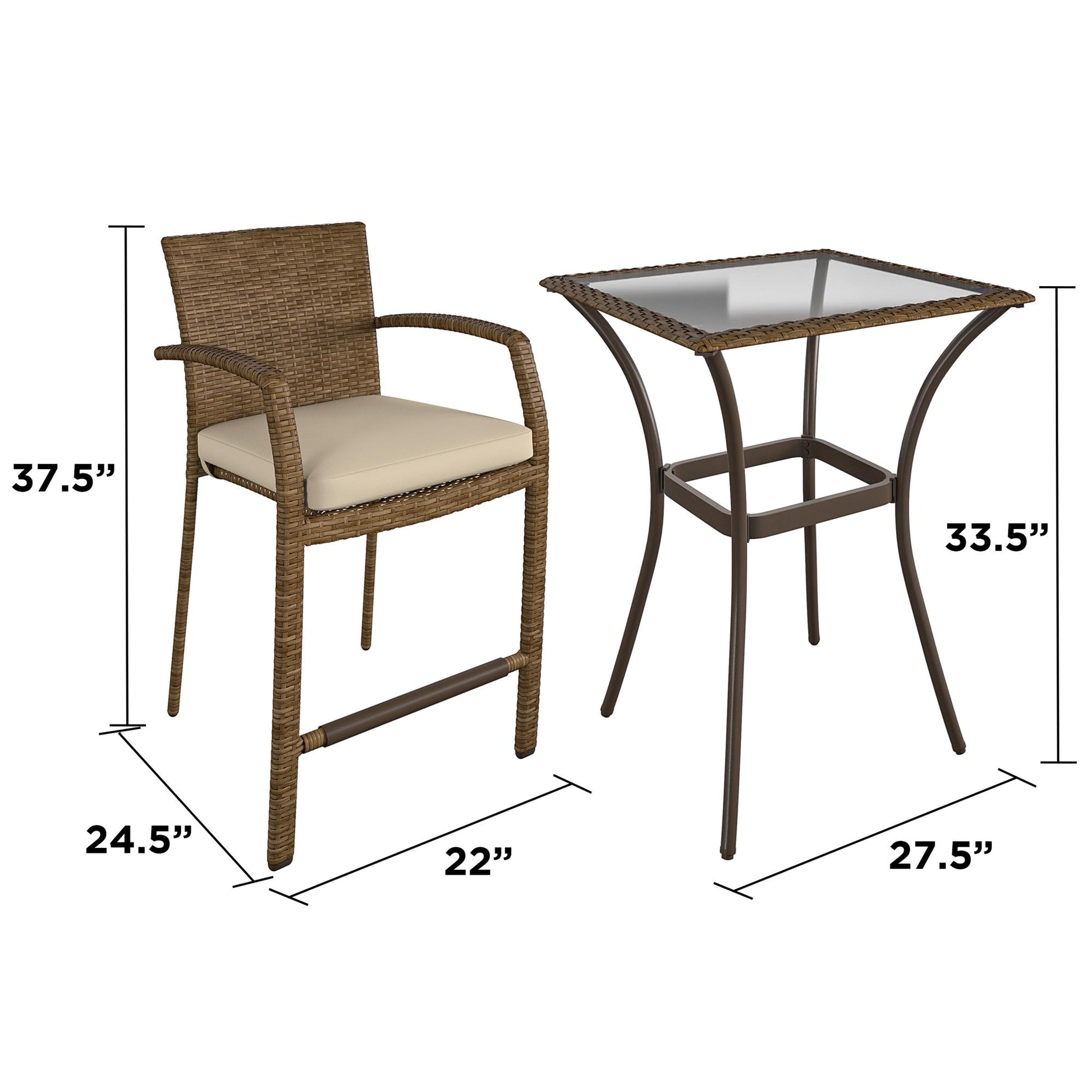 3 Piece High Top Bistro Wicker Patio Table and Chairs Set - Brown
