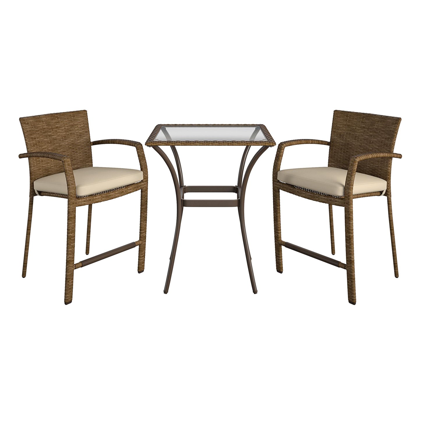 3 Piece High Top Bistro Wicker Patio Table and Chairs Set - Brown