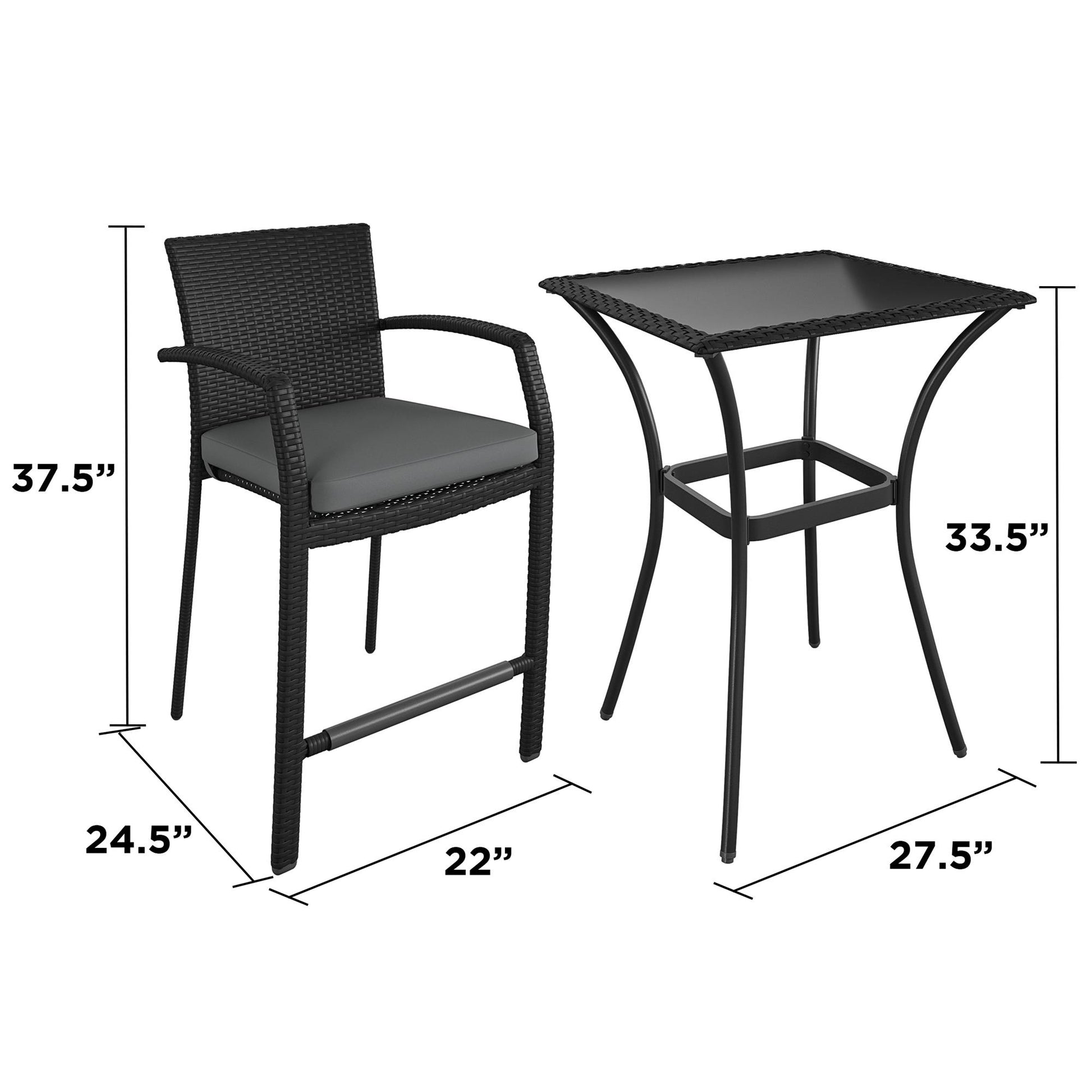 3 Piece High Top Bistro Wicker Patio Table and Chairs Set - Black