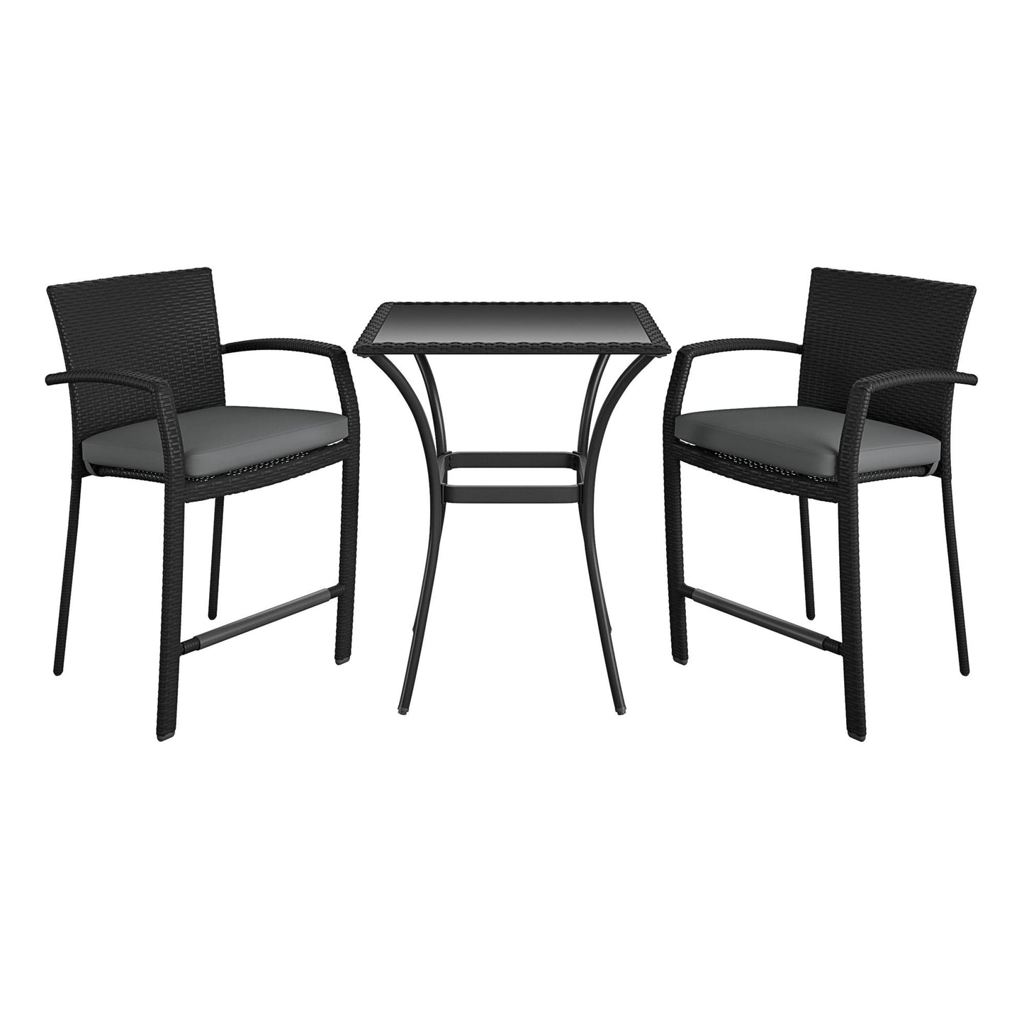 3 Piece High Top Bistro Wicker Patio Table and Chairs Set - Black