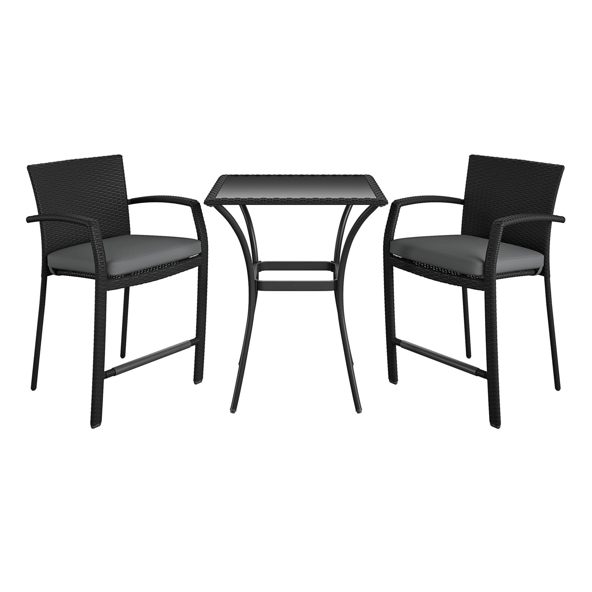 3 Piece High Top Bistro Wicker Patio Table and Chairs Set - Black