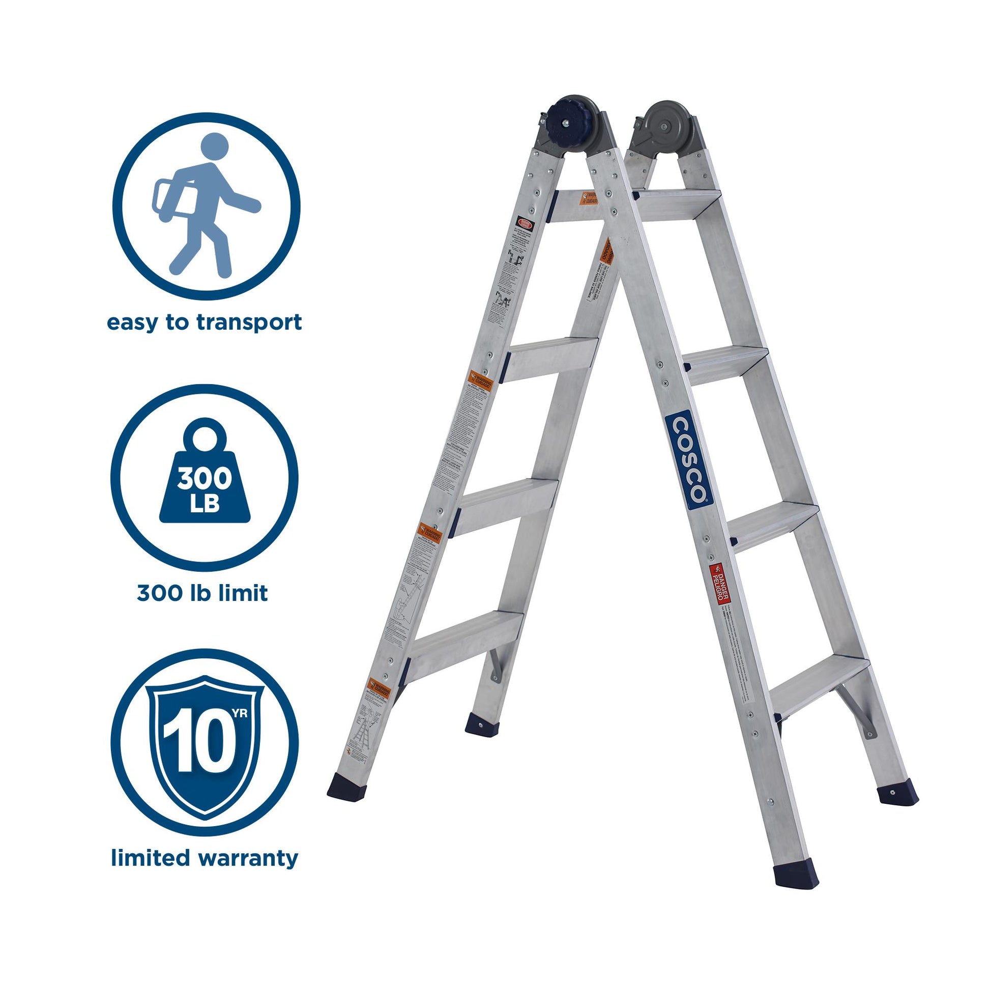 2-in-1 Step and Extension Ladder with 300-lb Weight Capacity - Silver Metallic