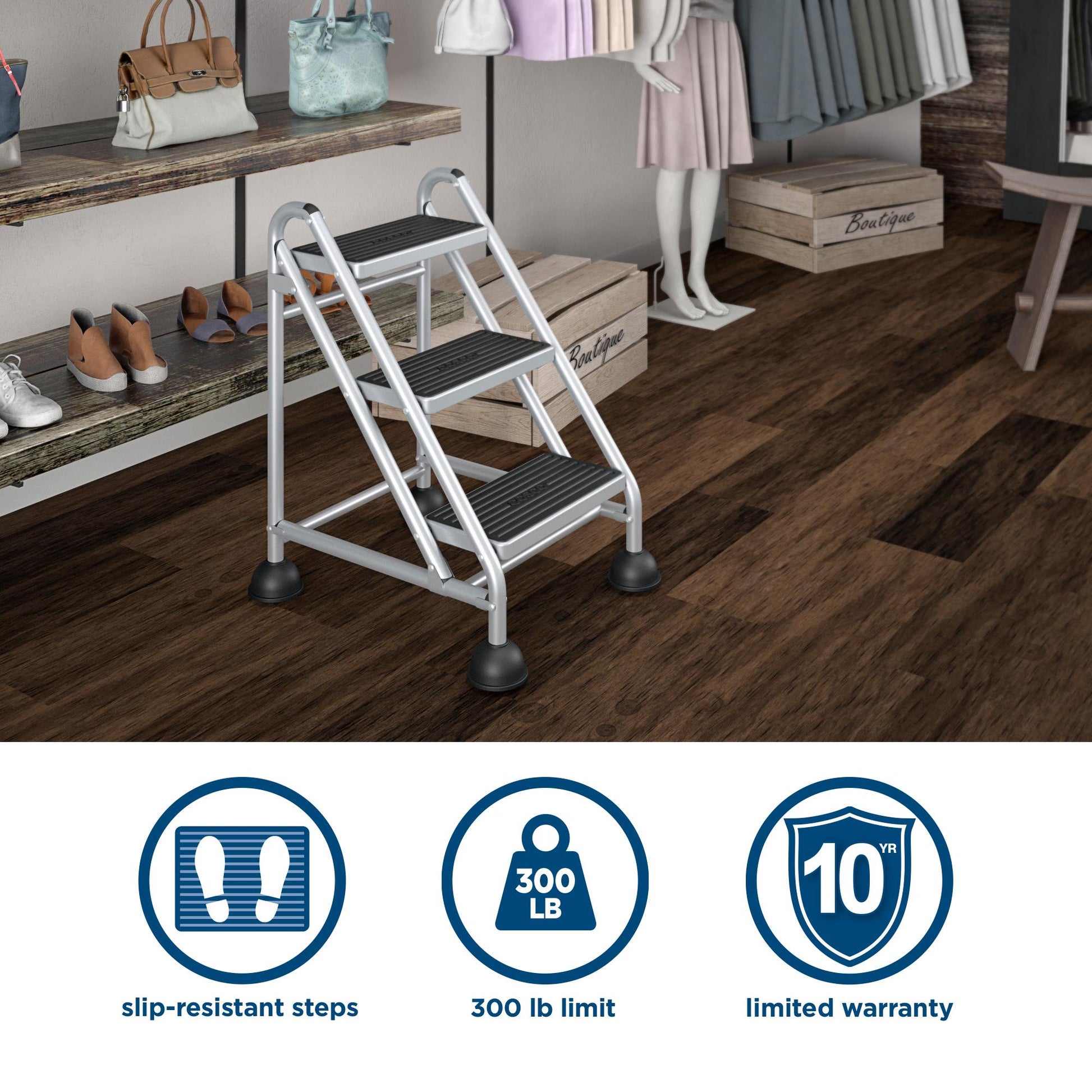 3 Step Commercial Rolling Step Ladder with Suction Cup Stabalizers - Grey/Grey/Blue