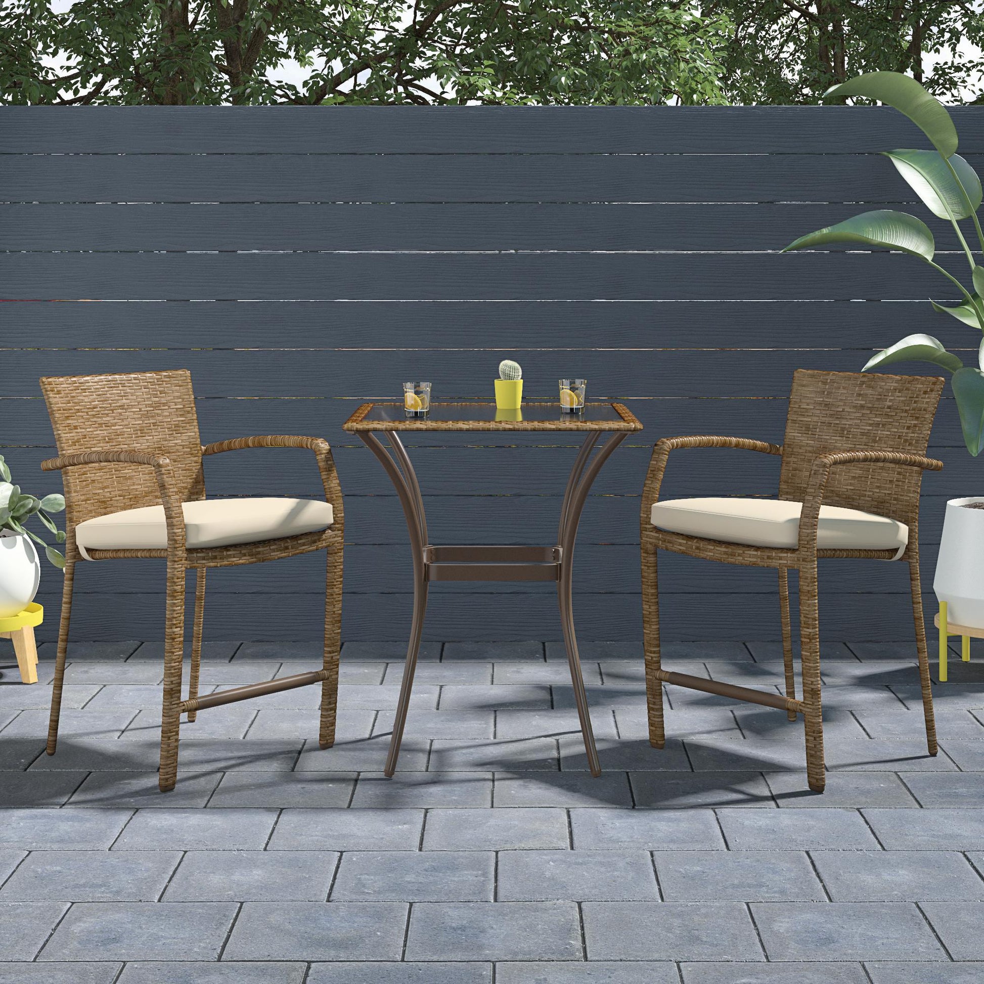 3 Piece High Top Bistro Wicker Patio Table and Chairs Set - Brown