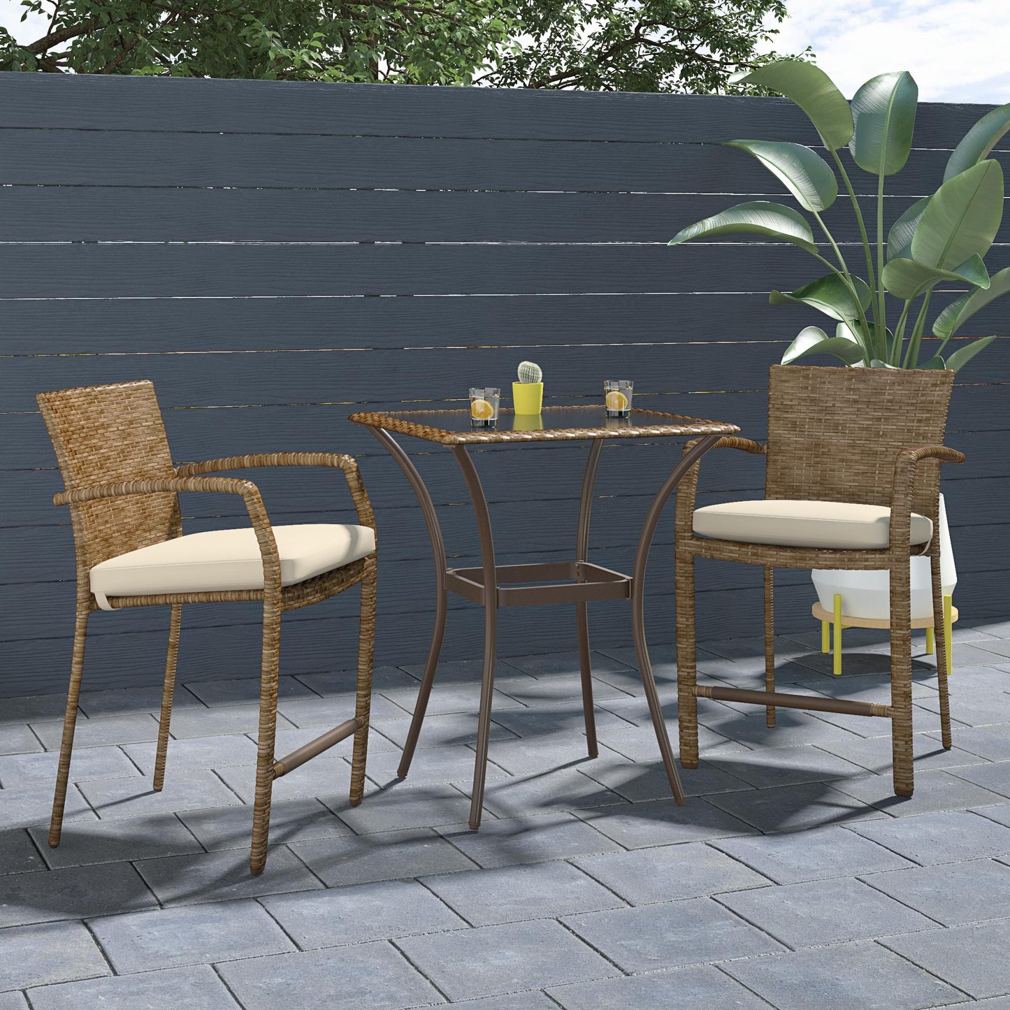 3 Piece High Top Bistro Wicker Patio Table and Chairs Set - Brown