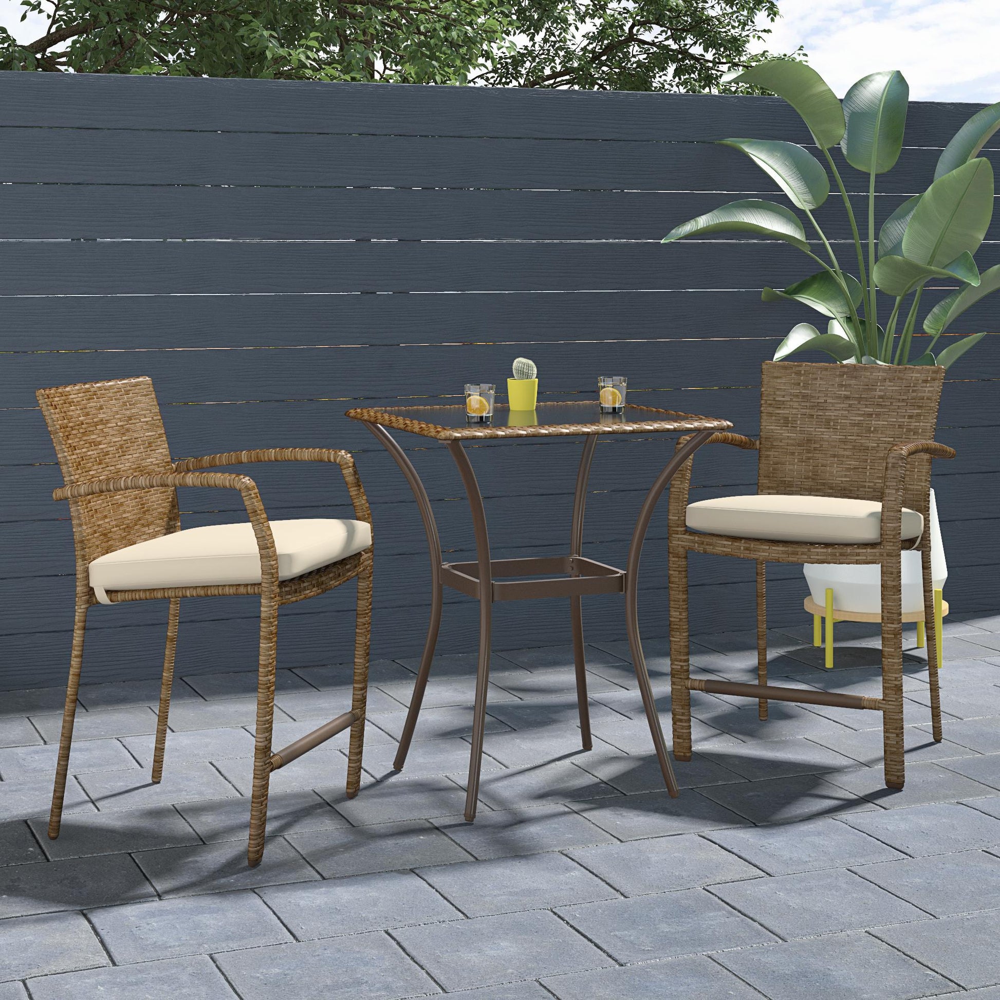 3 Piece High Top Bistro Wicker Patio Table and Chairs Set - Brown