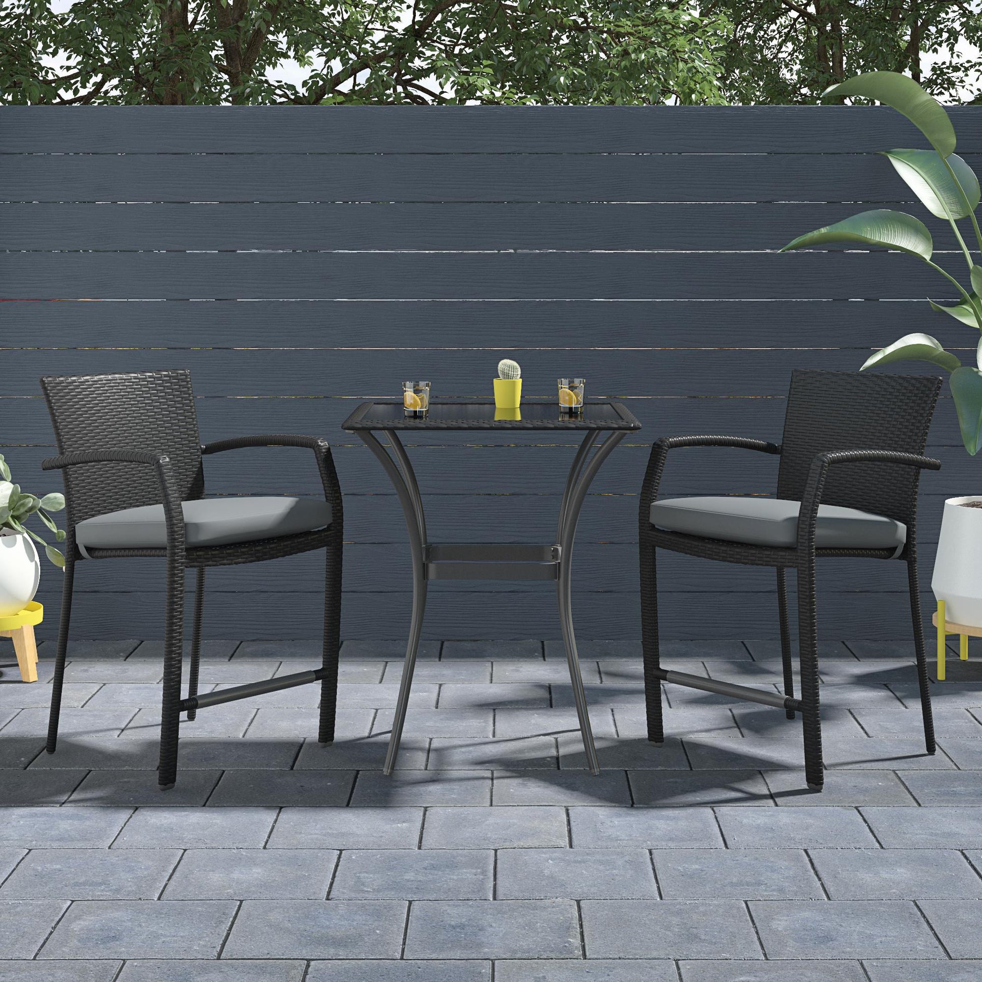 3 Piece High Top Bistro Wicker Patio Table and Chairs Set - Black