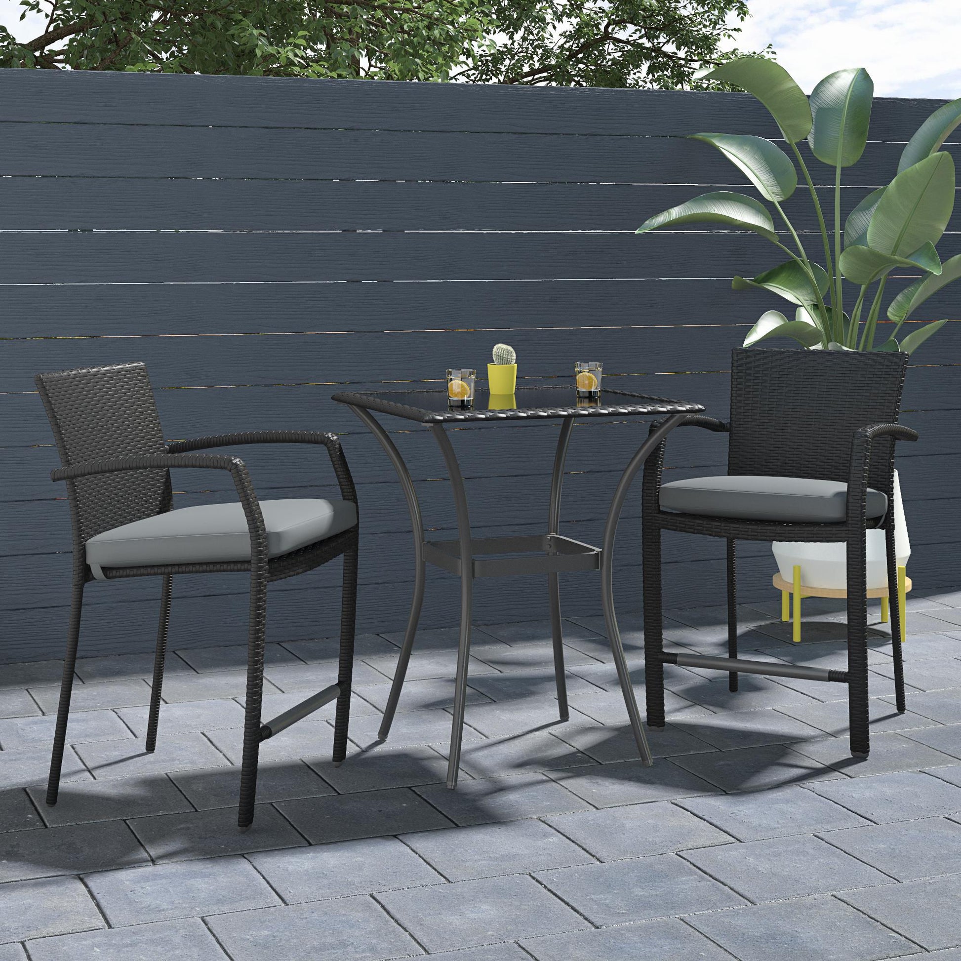 3 Piece High Top Bistro Wicker Patio Table and Chairs Set - Black
