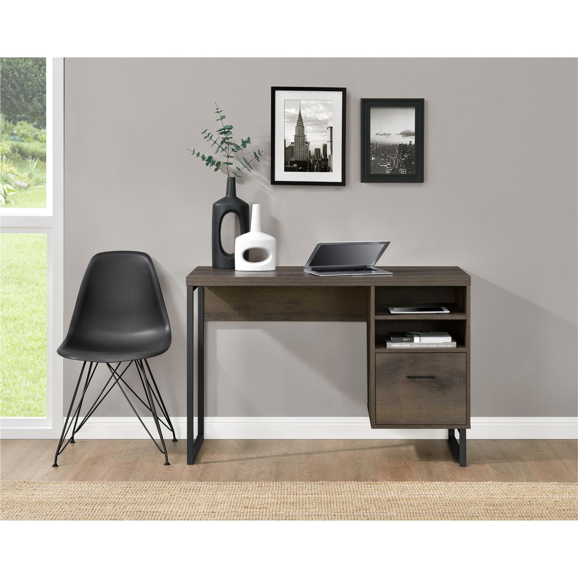 Candon Computer Desk with Filing Cabinet Drawer and Shelves - Medium Brown