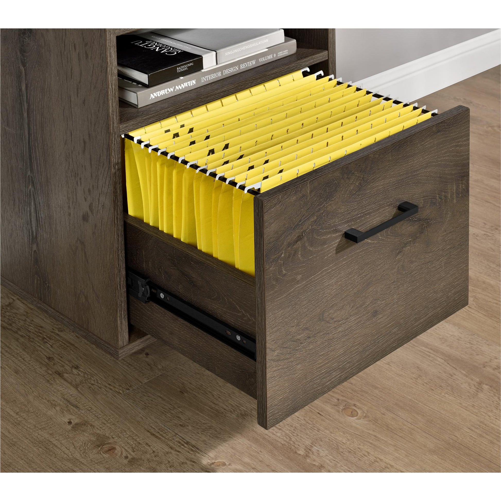 Candon Computer Desk with Filing Cabinet Drawer and Shelves - Medium Brown
