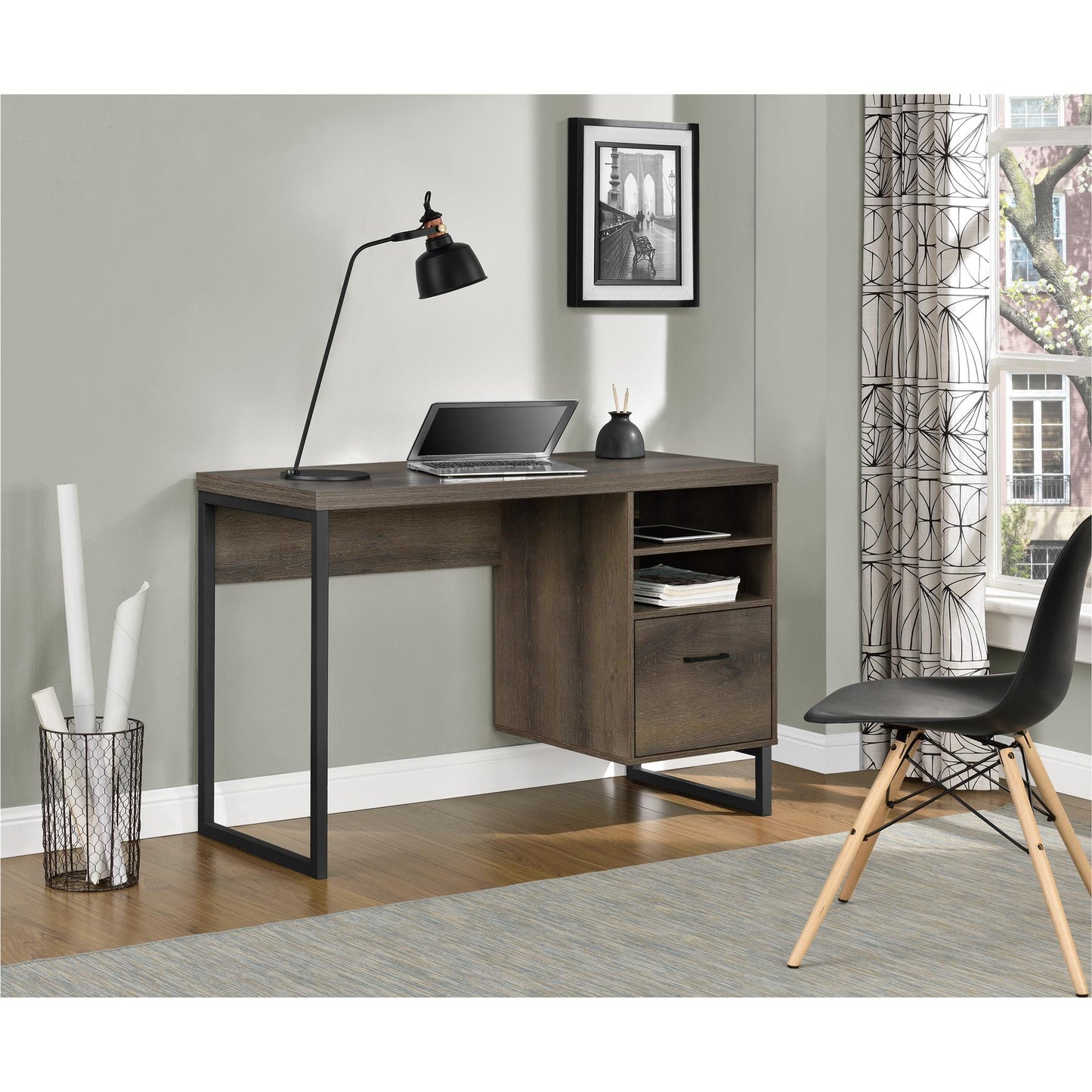 Candon Computer Desk with Filing Cabinet Drawer and Shelves - Medium Brown