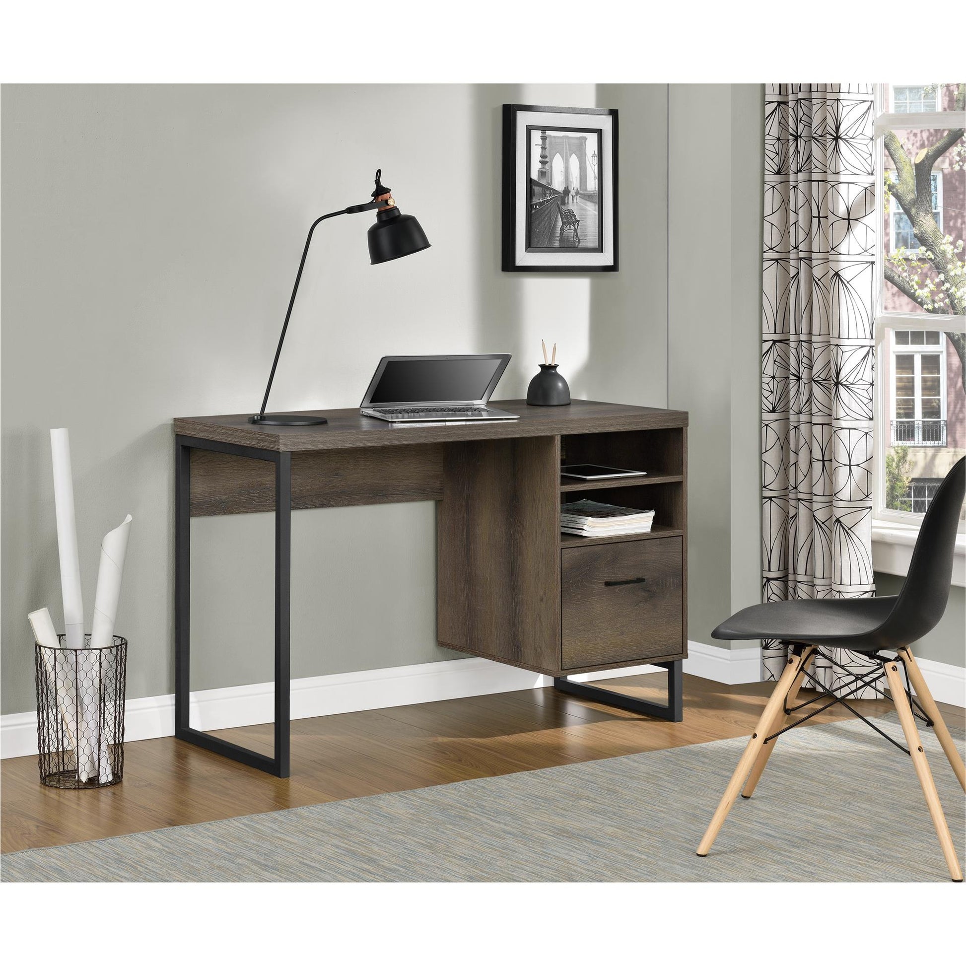 Candon Computer Desk with Filing Cabinet Drawer and Shelves - Medium Brown