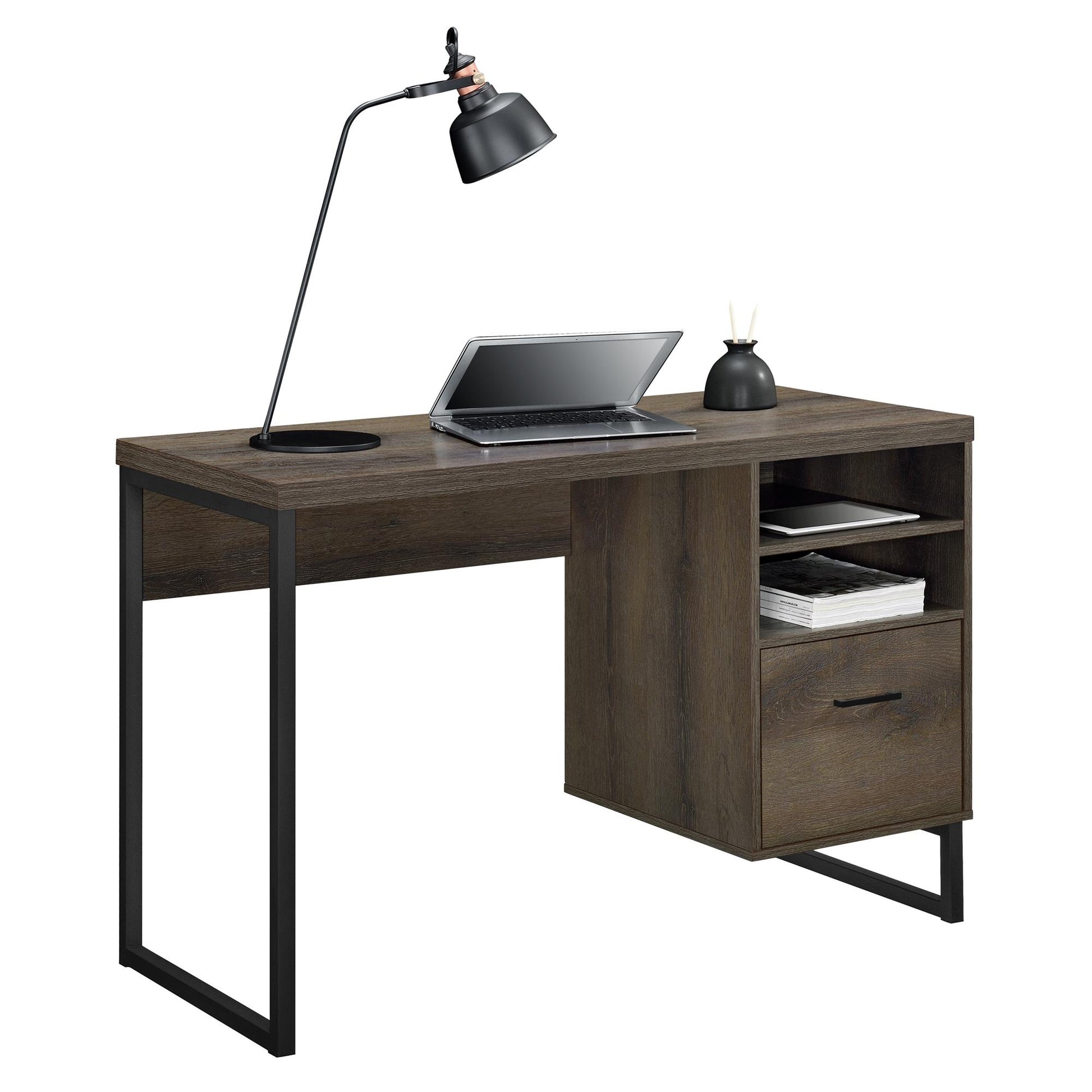 Candon Computer Desk with Filing Cabinet Drawer and Shelves - Medium Brown