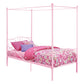 Canopy Metal Bed Frame with Intricate Design Headboard and Secured Slats - Pink - Twin