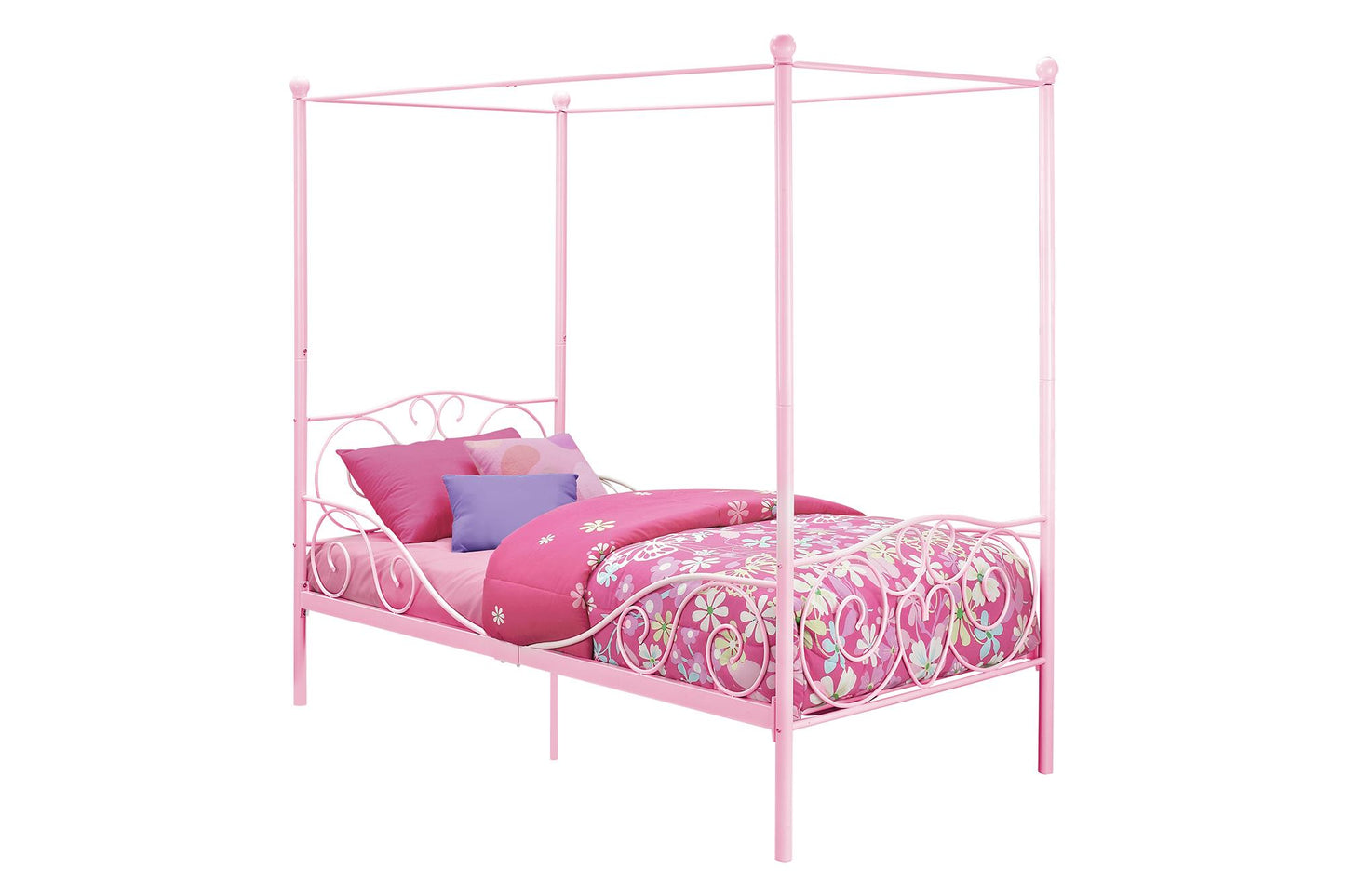 Canopy Metal Bed Frame with Intricate Design Headboard and Secured Slats - Pink - Twin
