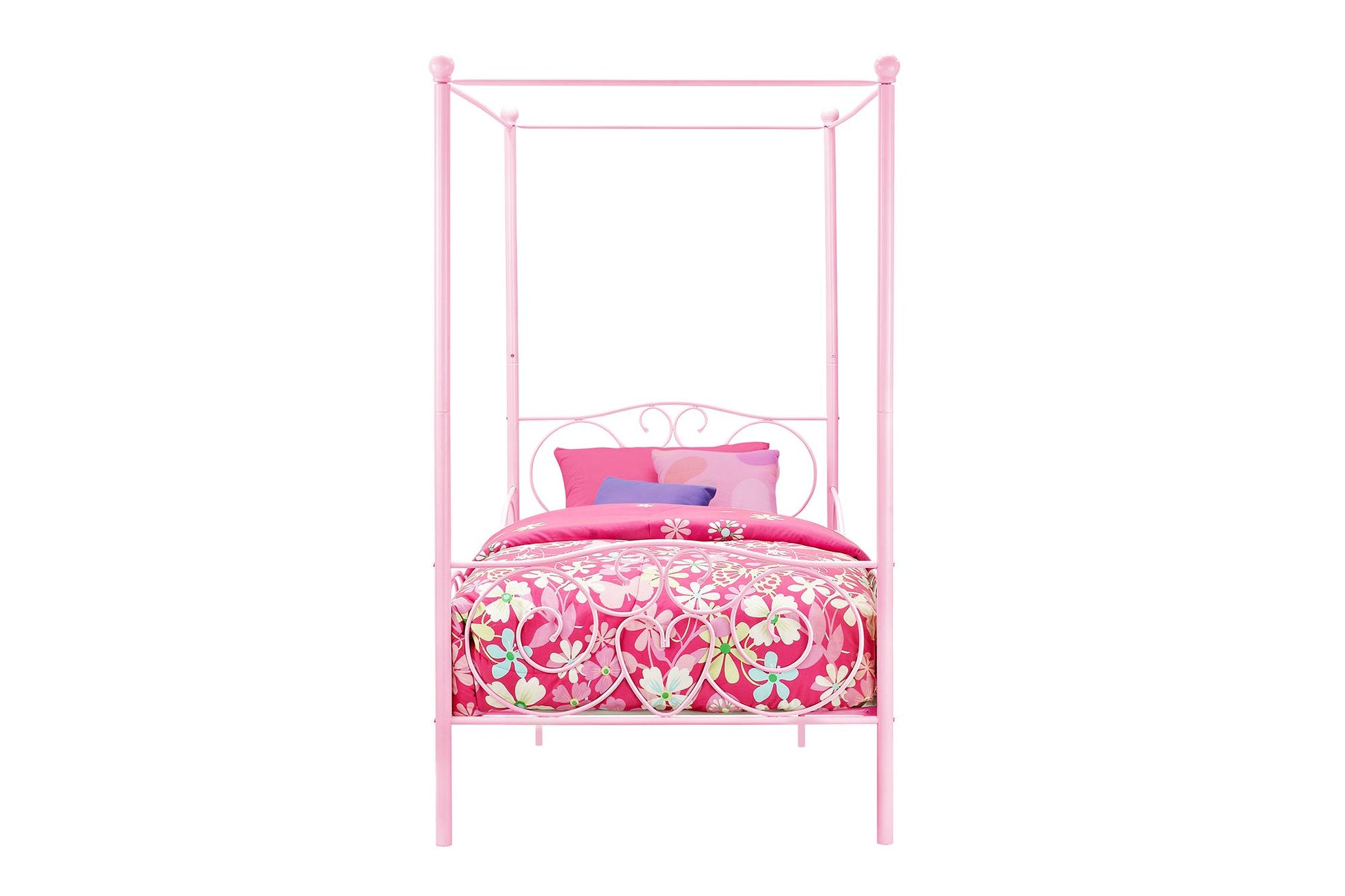 Canopy Metal Bed Frame with Intricate Design Headboard and Secured Slats - Pink - Twin