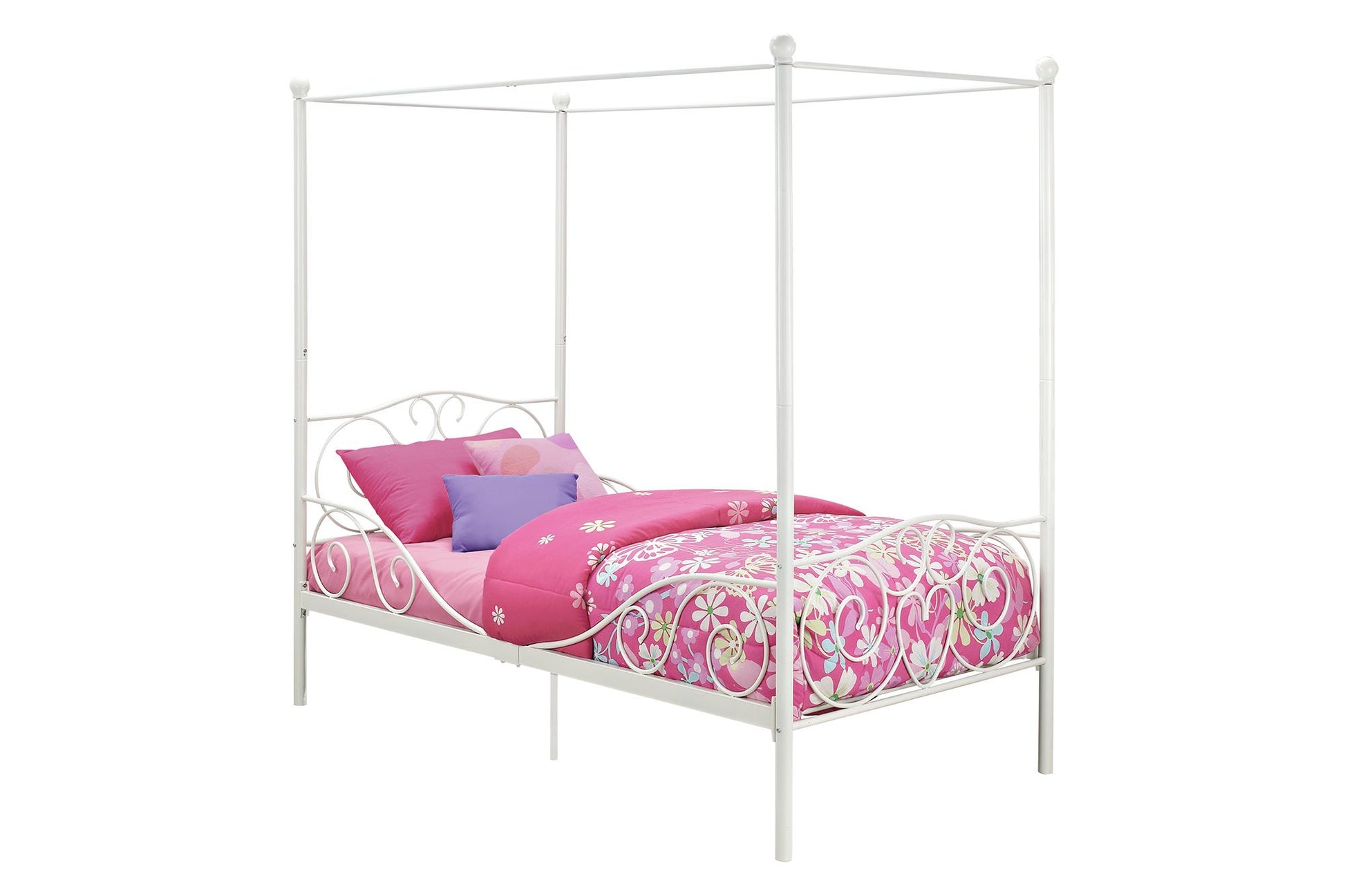 Canopy Metal Bed Frame with Intricate Design Headboard and Secured Slats - White - Twin